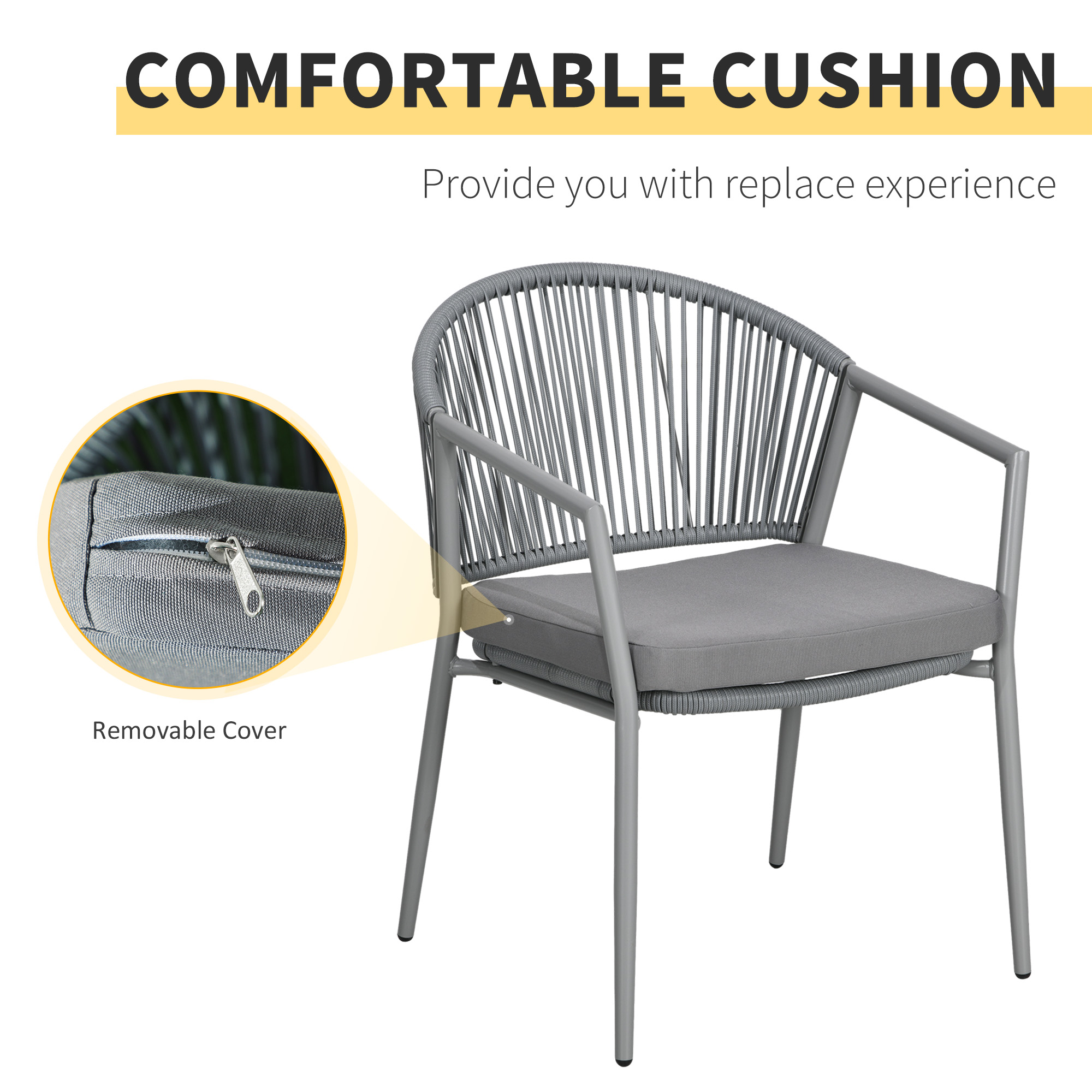 3-Piece Rattan Bistro Set, Garden Seating Group with 2 Armchairs and Coffee Table, Balcony Furniture Set, Grey - Image 3