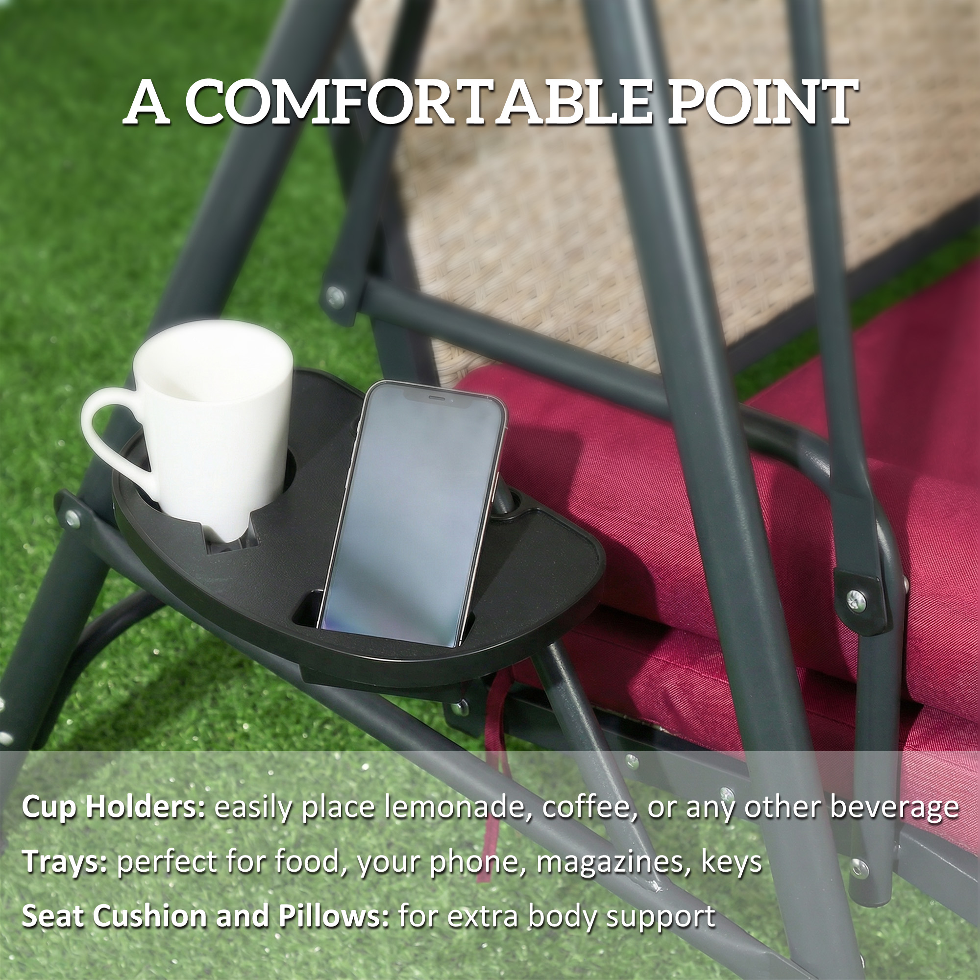 Outdoor 3-Seat Porch Swing with Canopy, Rattan Seat, Removable Cushion, Pillows and Steel Frame - Image 5