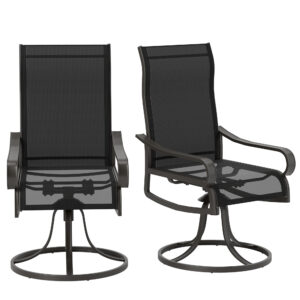 2-Piece Swivel Patio Dining Chairs, 360° Swivel Rocking Outdoor Chairs with Curved Armrests, Breathable Mesh Seat & S Shape Backrest for Yard, Lawn, Porch, Black