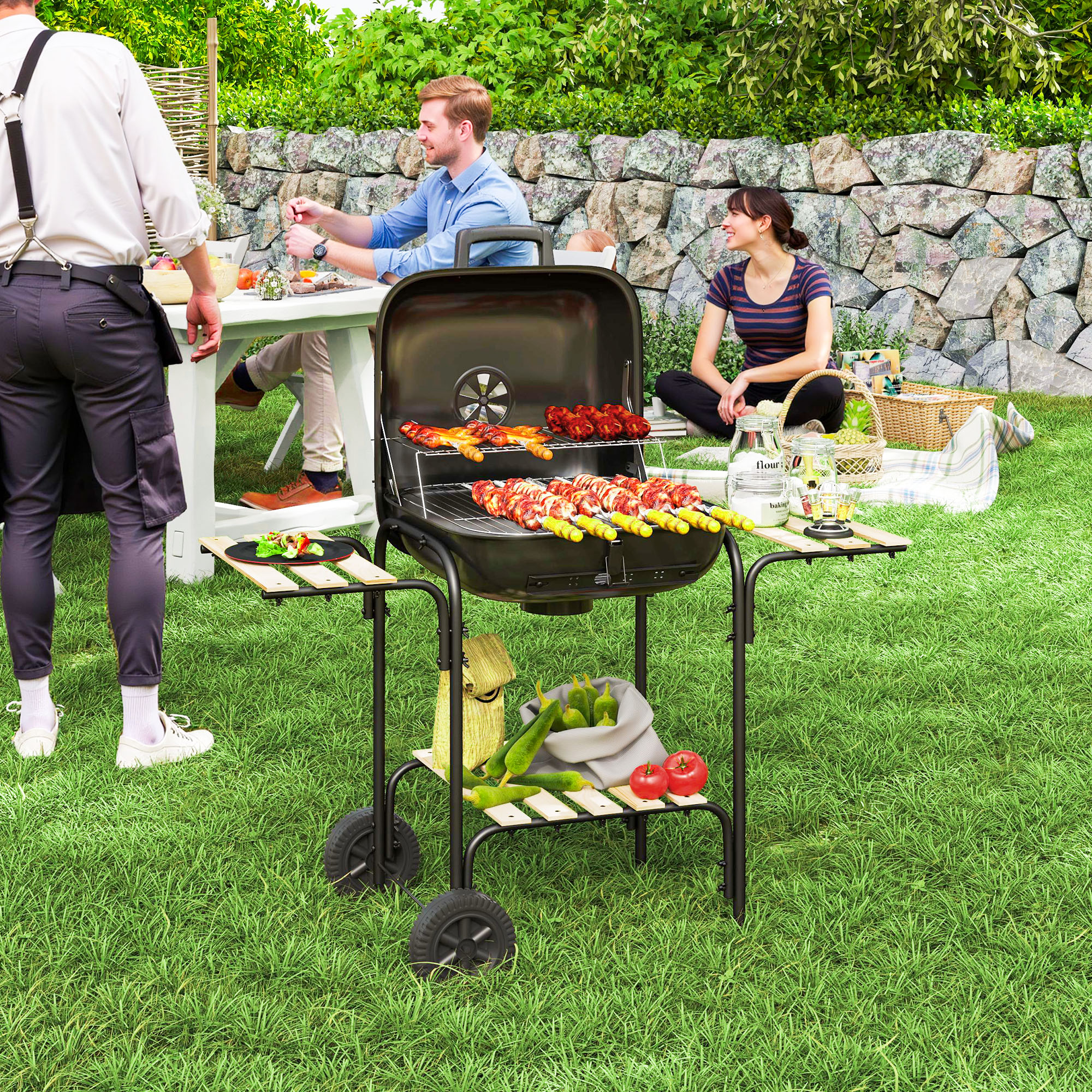 Charcoal BBQ Grill, BBQ Grill with 1840 cm² Cooking Area, 3 Shelves, Adjustable Vent, Lockable Lid, Wheels, Black - Image 6
