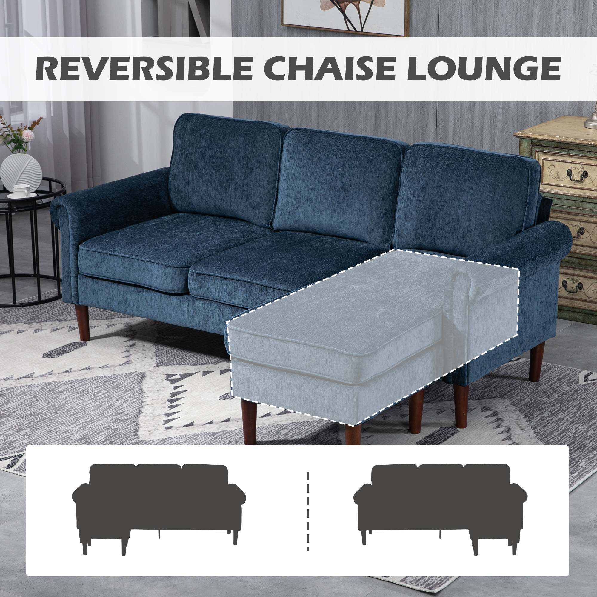 L Shape Sofa, Modern Sectional Couch with Changeable Chaise Lounge, Wooden Legs, Corner Sofa for Living Room, Dark Blue - Image 3