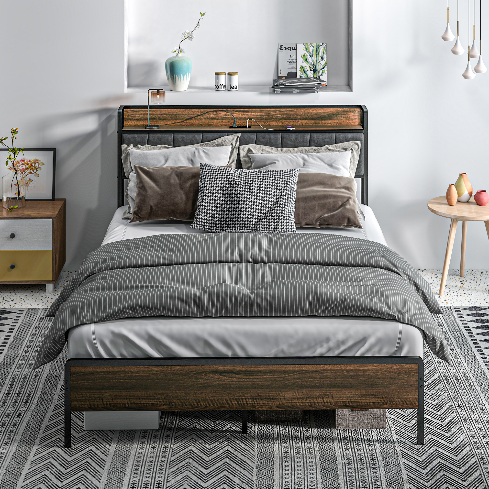 Queen Size Bed Frame with Charging Station, Queen Bed Frame with Upholstered Headboard and Storage Shelf, Walnut - Image 6