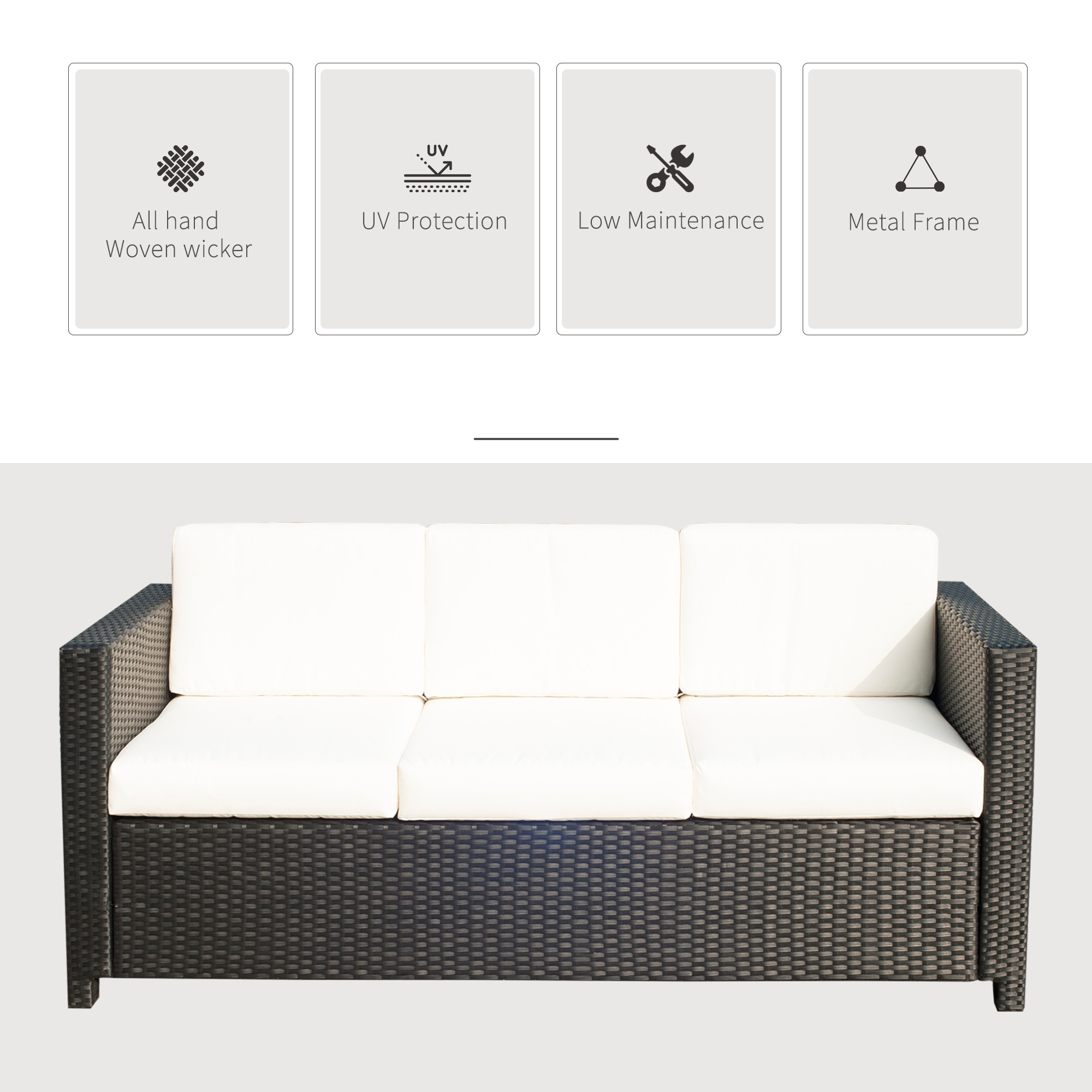 Deluxe 3 Seat Rattan Wicker Sofa Garden Outdoor Patio Furniture with Cushion, Cream White - Image 2