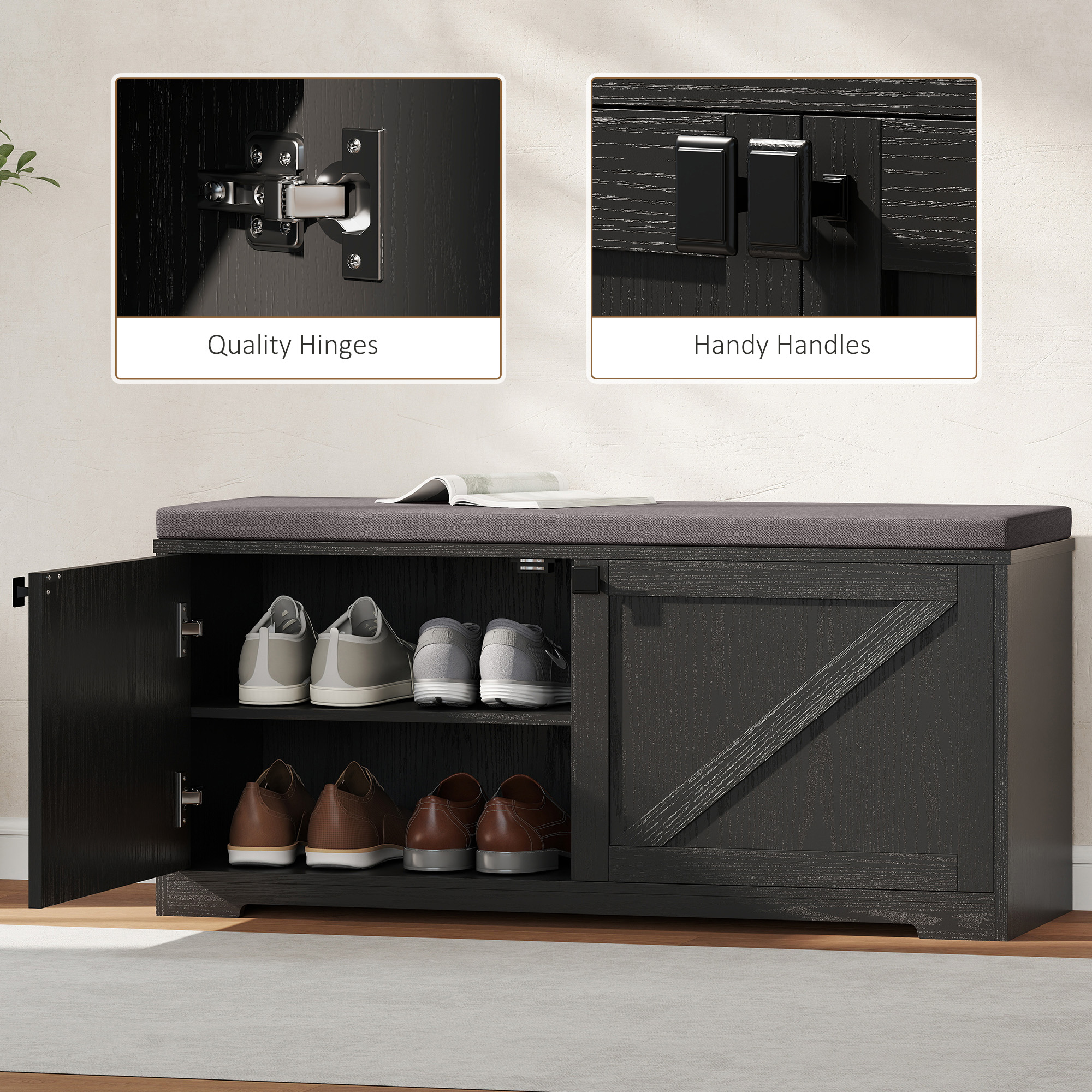 Shoe Storage Bench with Padded Seat, Entryway Bench Holds up to 352 lb, Shoe Organizer, 8 Pairs, Black Wood Grain - Image 5