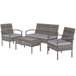 4 Pieces Patio Furniture Set with A Loveseat, Two Armchairs and A Coffee Table, Outdoor Conversation Set, Light Grey