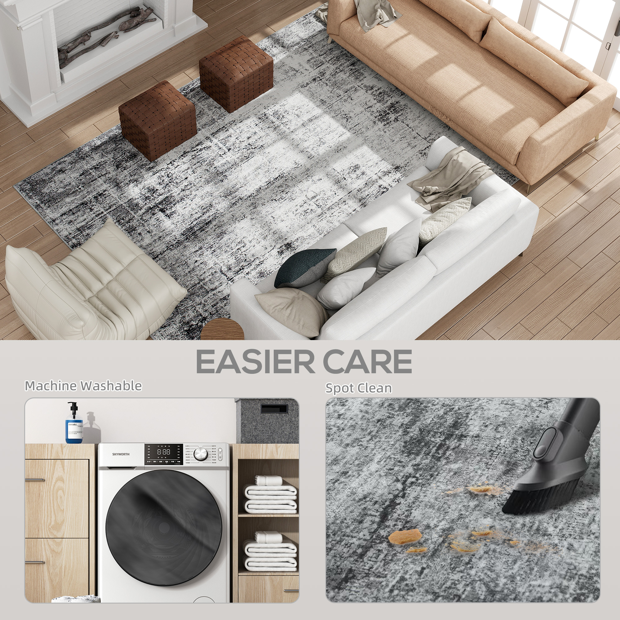 Area Rug for Living Room 9x12, Modern Abstract Machine Washable Rug, Non-Slip Carpet for Bedroom, Dining Room, Grey - Image 5