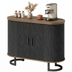 Sideboard Buffet Cabinet with Curved Tambour Doors, Thick Tabletop and Arc Metal Legs Brown and Black