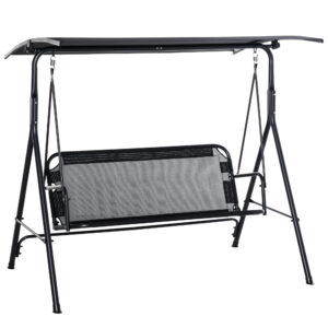 2-Person Porch Swing Chair, 2 Seater Patio Swing Bench w/ Adjustable Canopy, Breathable Seat for Garden, Poolside, Black