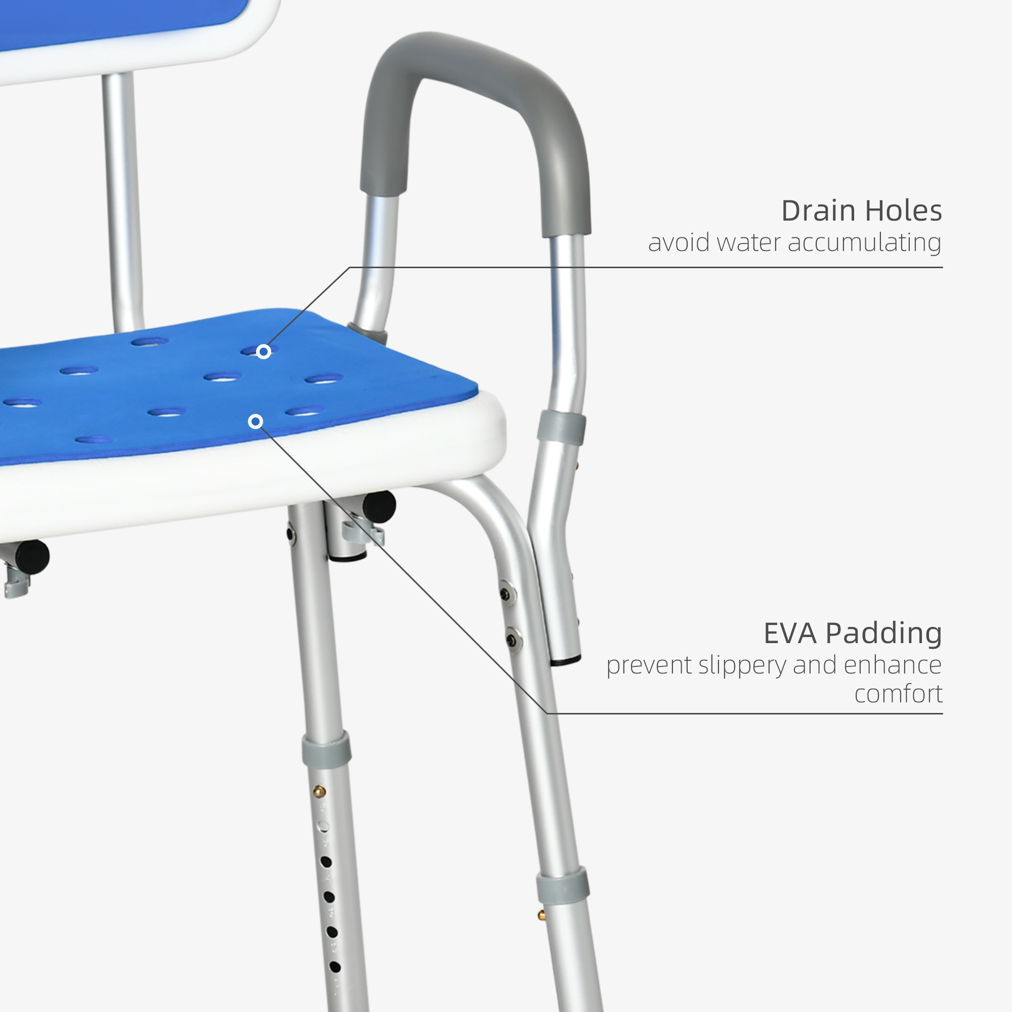Adjustable Shower Chair with Arms and Back, Bath Chair with Regular Seat, Anti-slip Shower Bench for Seniors and Disabled, Tool-Free Assembly, 300lbs, Blue - Image 2