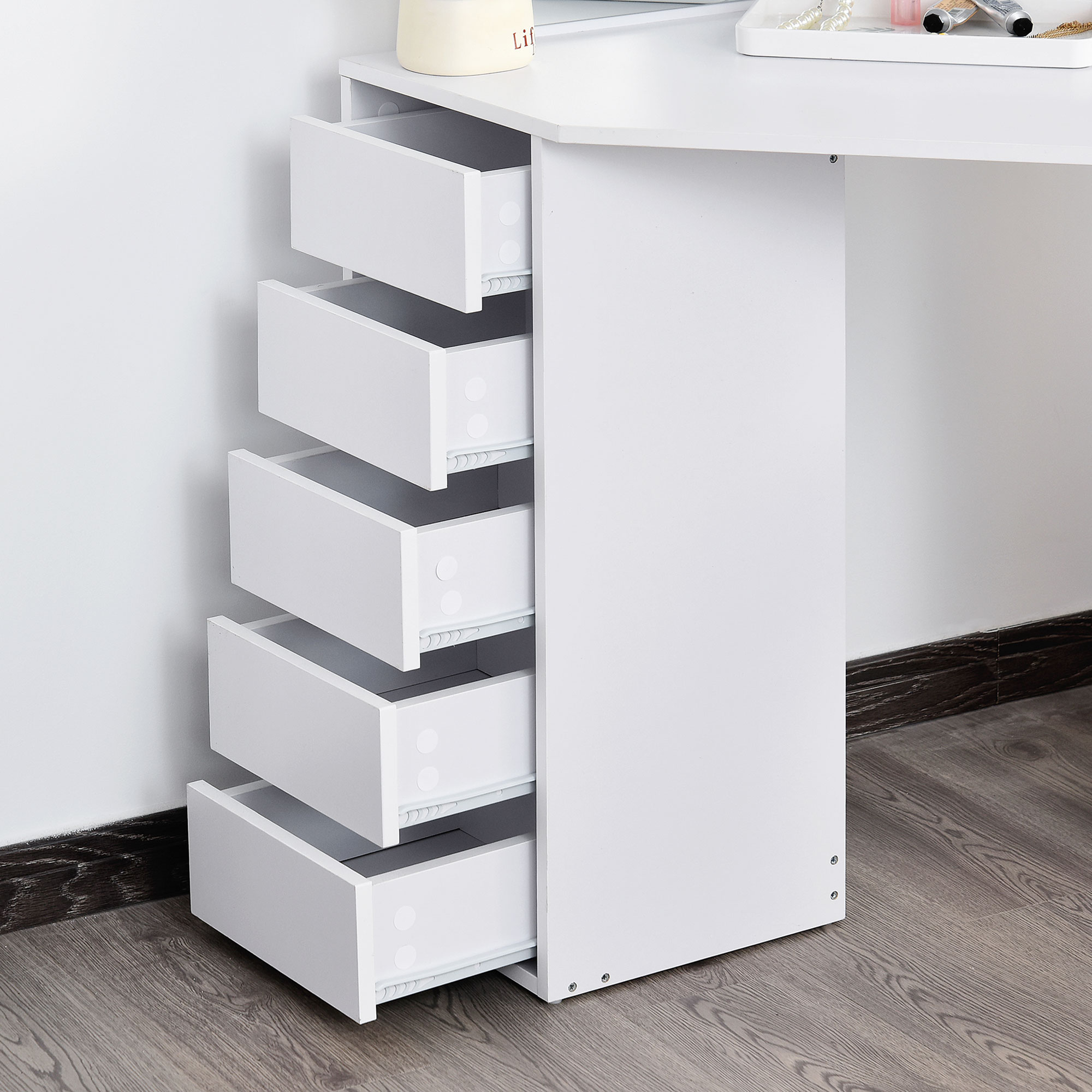 Corner Dressing Table, Makeup Desk with 3-piece Mirror and 5 Drawers, White - Image 5