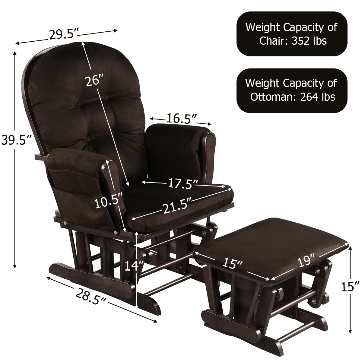 Wood Glider and Ottoman Set with Padded Armrests and Detachable Cushion-Brown - Image 3