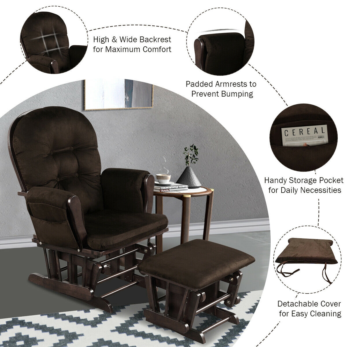 Wood Glider and Ottoman Set with Padded Armrests and Detachable Cushion-Brown - Image 4