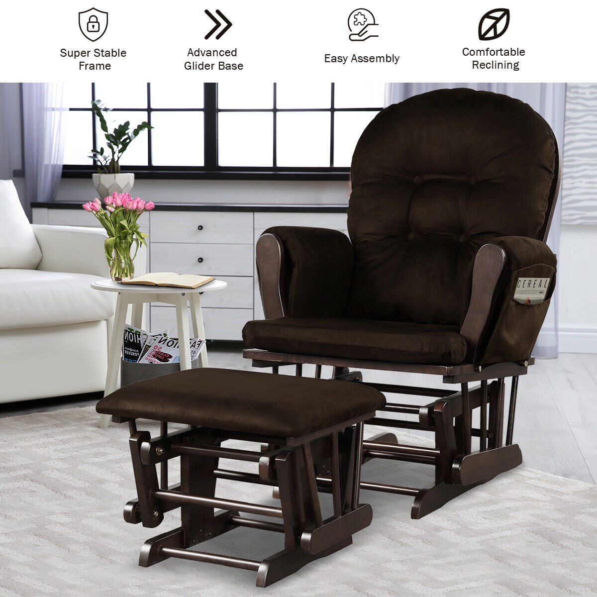 Wood Glider and Ottoman Set with Padded Armrests and Detachable Cushion-Brown - Image 5