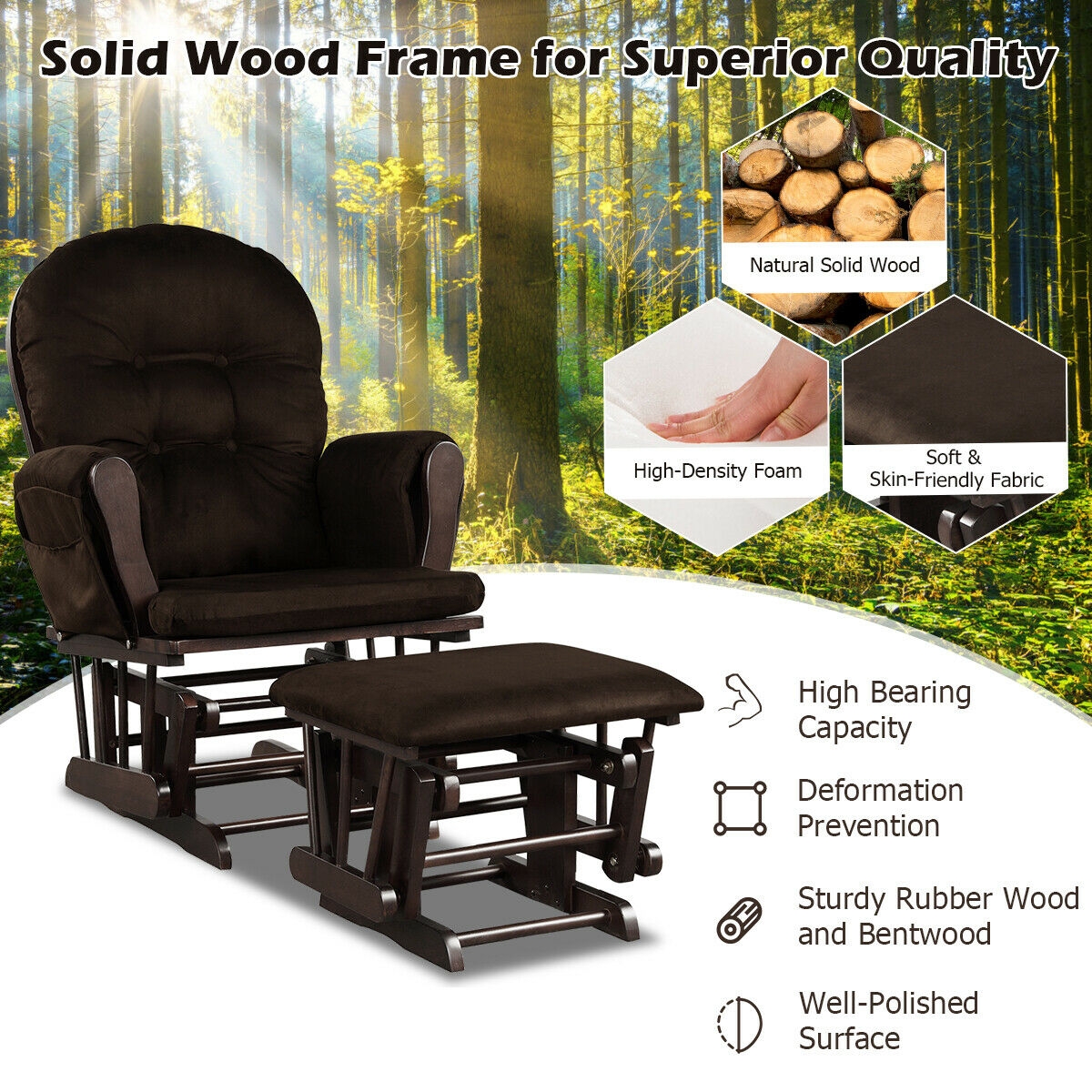 Wood Glider and Ottoman Set with Padded Armrests and Detachable Cushion-Brown - Image 7