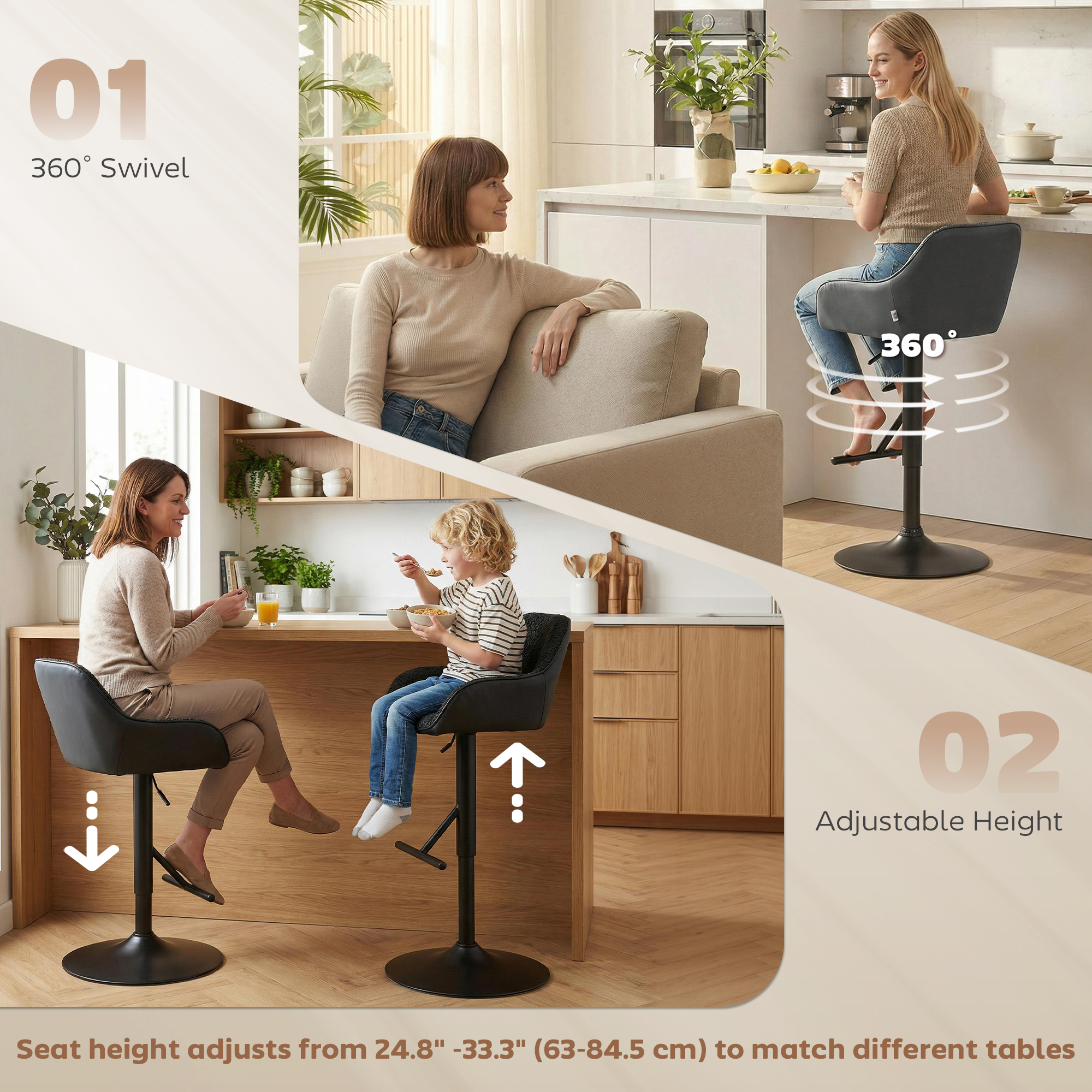 Bar Stools Set of 2, Swivel Counter Height Barstools with Back, Footrest, Armrests, Adjustable Height, Black - Image 3