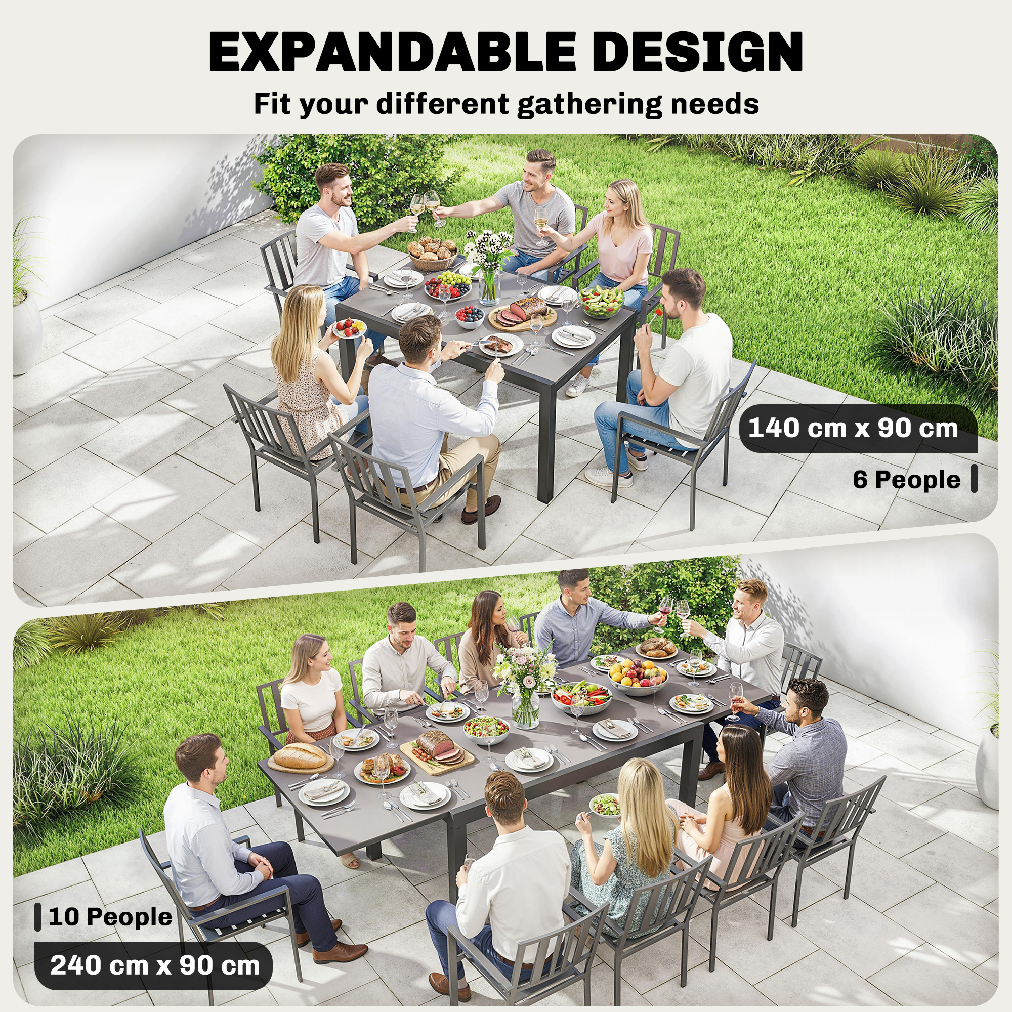 Expandable Outdoor Dining Table, 55"-95" Patio Table with Tempered Glass Top and Aluminum Frame, Black - Image 2