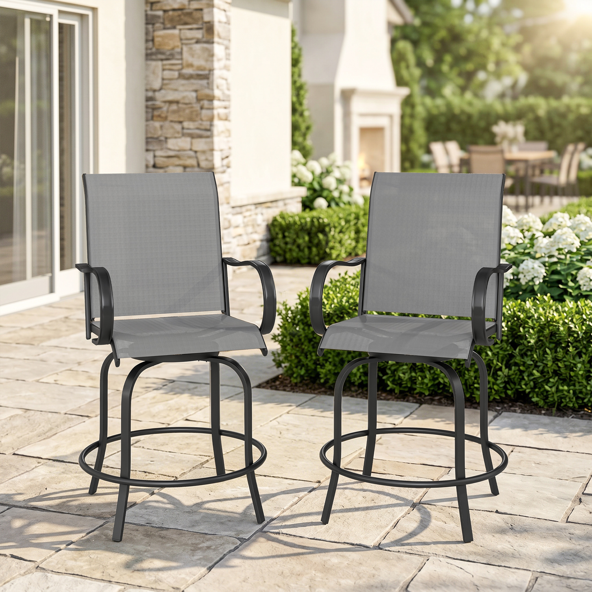 Outdoor Bar Stools Set of 2, 360° Swivel Bar Height Chairs, 26.8" x 29.5" x 48.4", Grey - Image 6