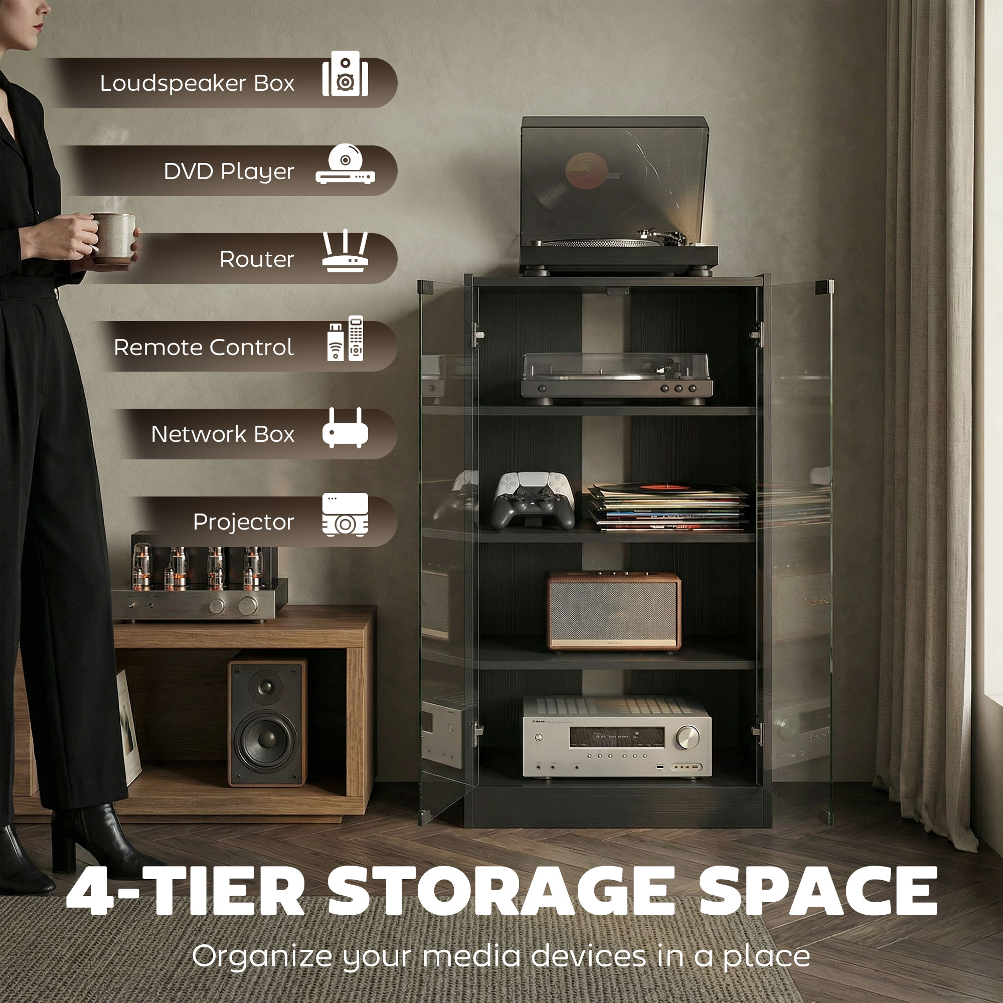 5-Tier AV Media Stand with Push to Open Glass Doors, Audio-Video Storage Cabinet with Adjustable Shelves for DVD Players, Games Consoles, Routers, Distressed Black - Image 2