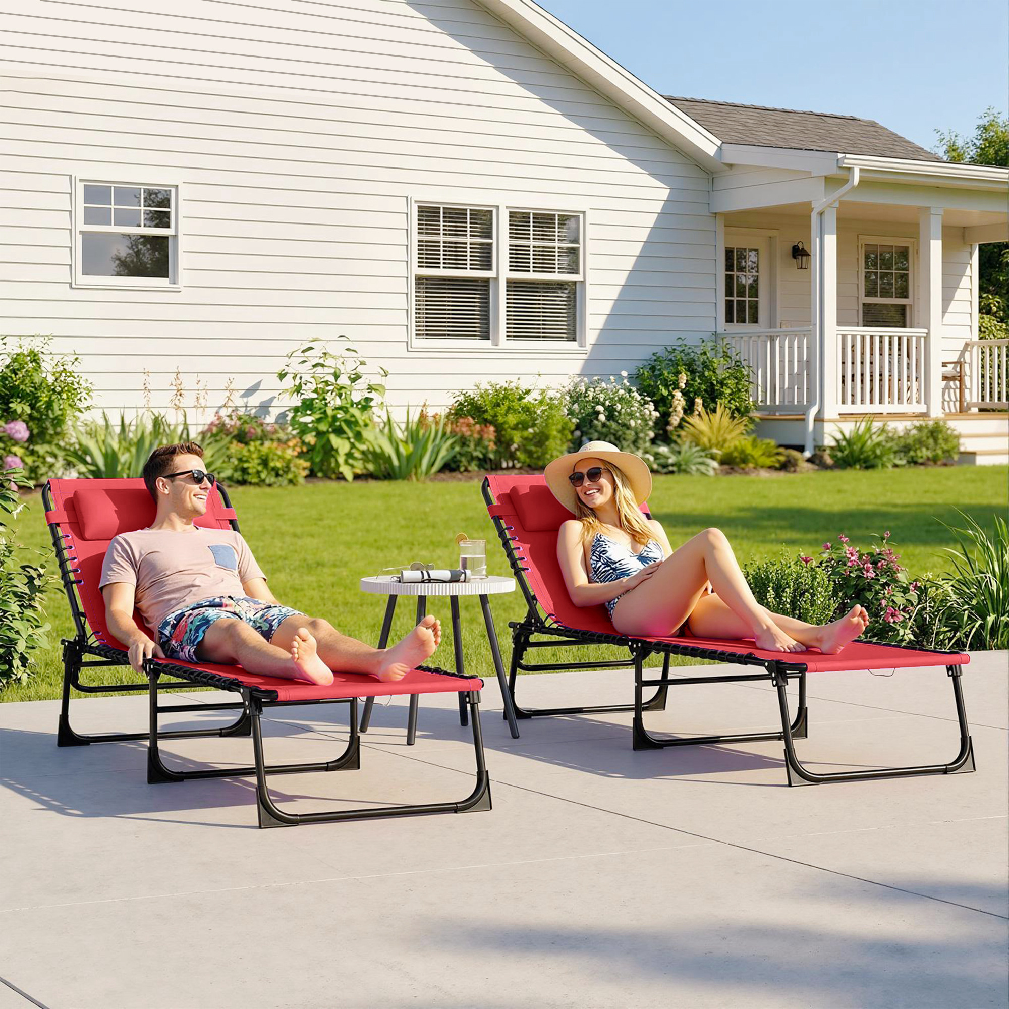 2 PCs Folding Lounge Chairs, Adjustable Chaise Lounge with Headrest, Reclining Lounger Cot for Camping, Hiking, Wine Red - Image 6