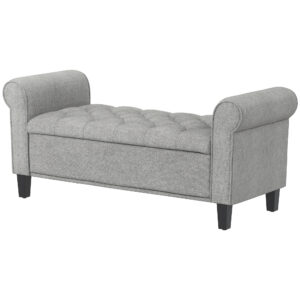 50 Inches Storage Ottoman, Upholstered Bedroom Bench with Rolled Arms and Button Tufted Storage, Light Grey