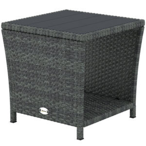 17.7" Wicker Side Table with Storage Shelf, Square PE Rattan Outdoor End Table with PS Wood Slat Top, Grey
