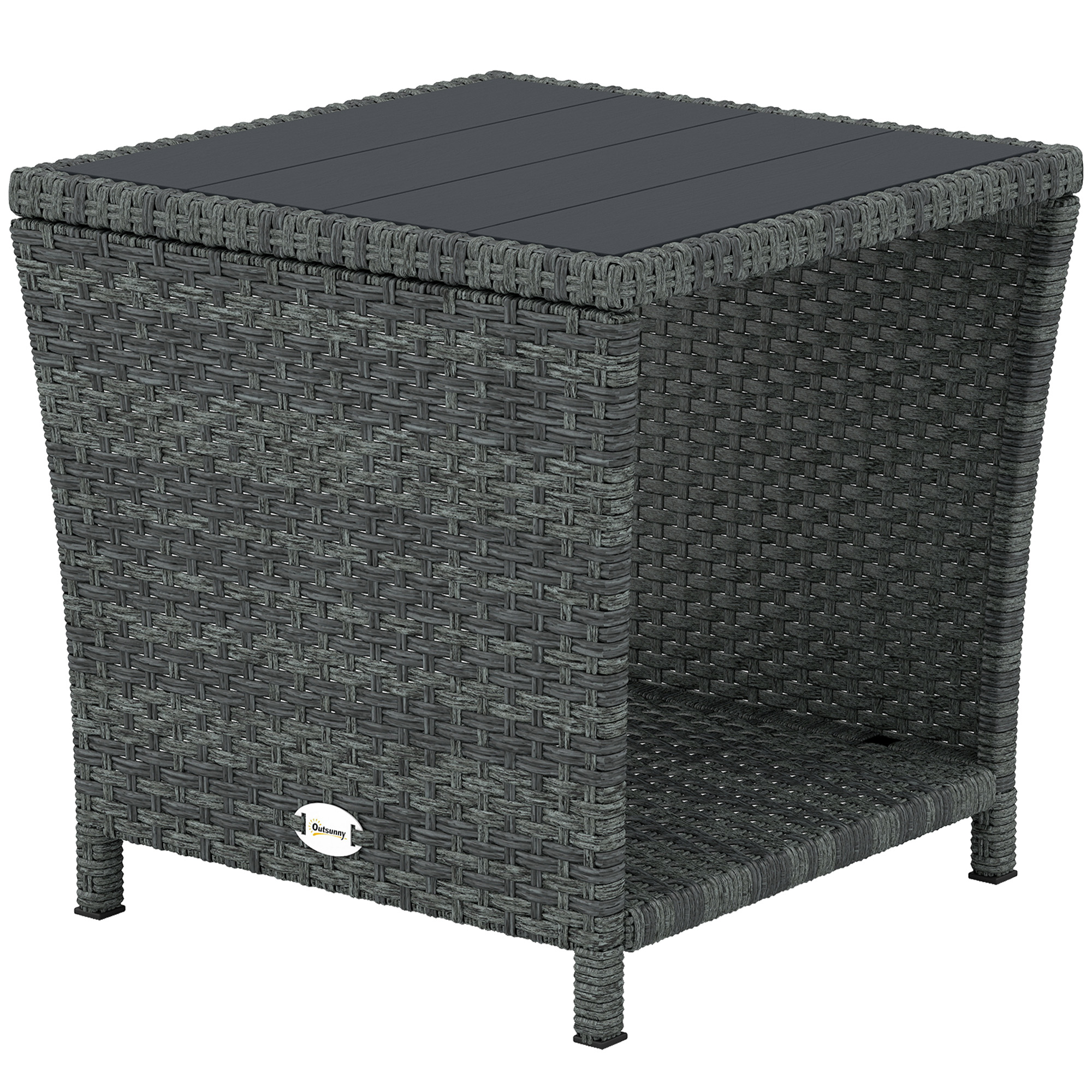 17.7" Wicker Side Table with Storage Shelf, Square PE Rattan Outdoor End Table with PS Wood Slat Top, Grey