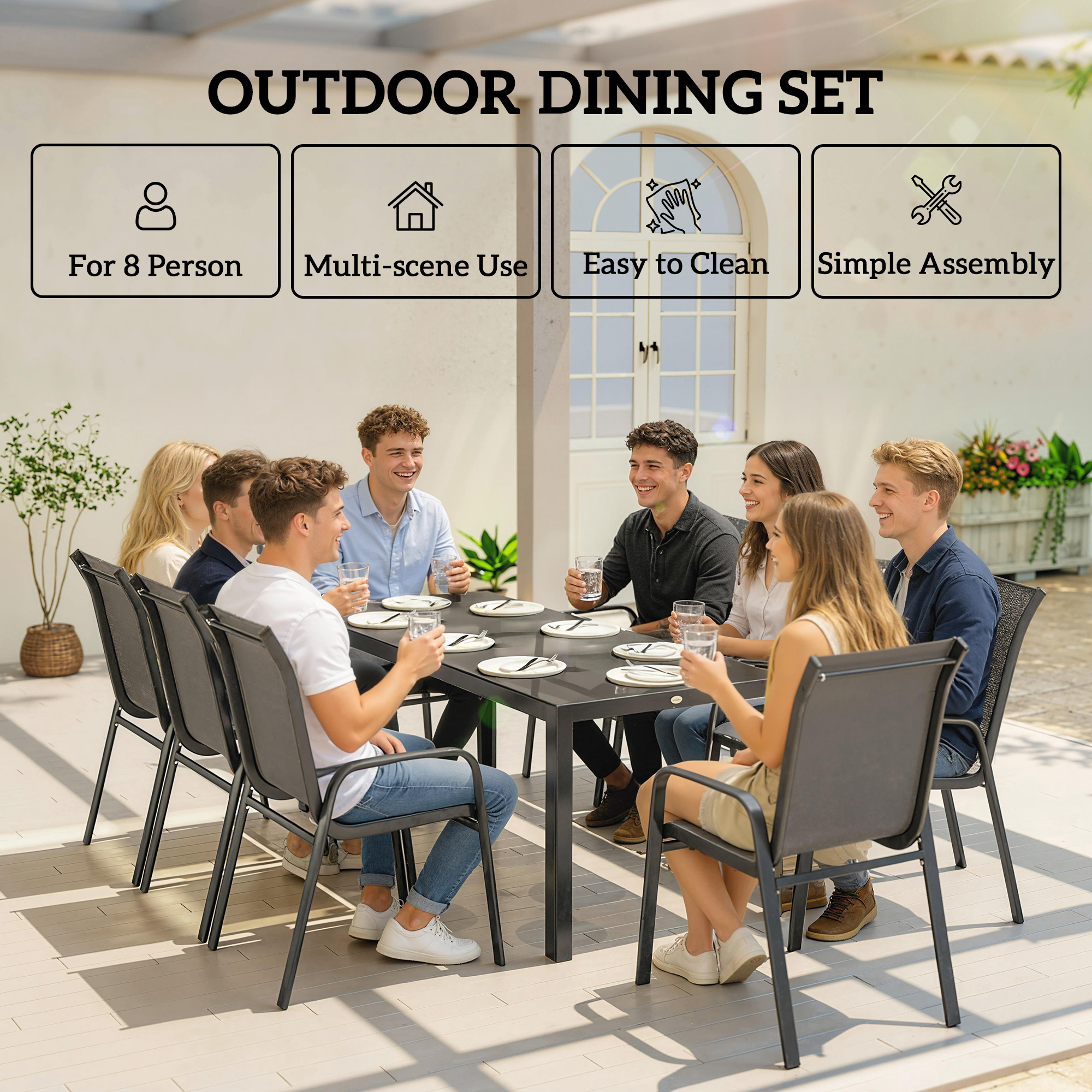Outdoor Dining Sets for 8 with Stackable Chairs, Patio Dining Set with Glass Top Table for Garden, Patio, Backyard, Dark Grey - Image 4