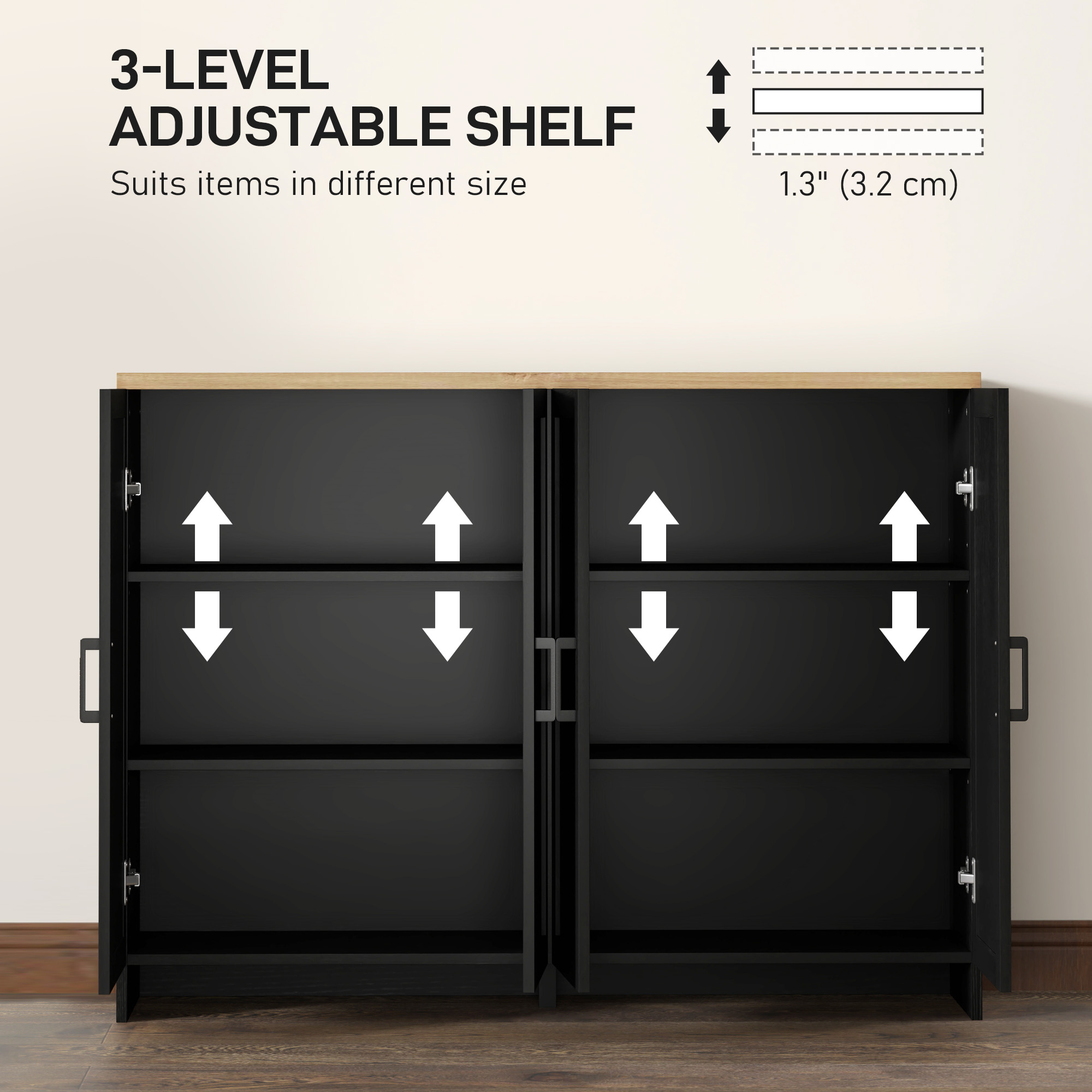 Modern Sideboard Buffet Cabinet, Modern Kitchen Storage Cabinet with 4 Doors Adjustable Shelves, for Dining Room, Black - Image 3