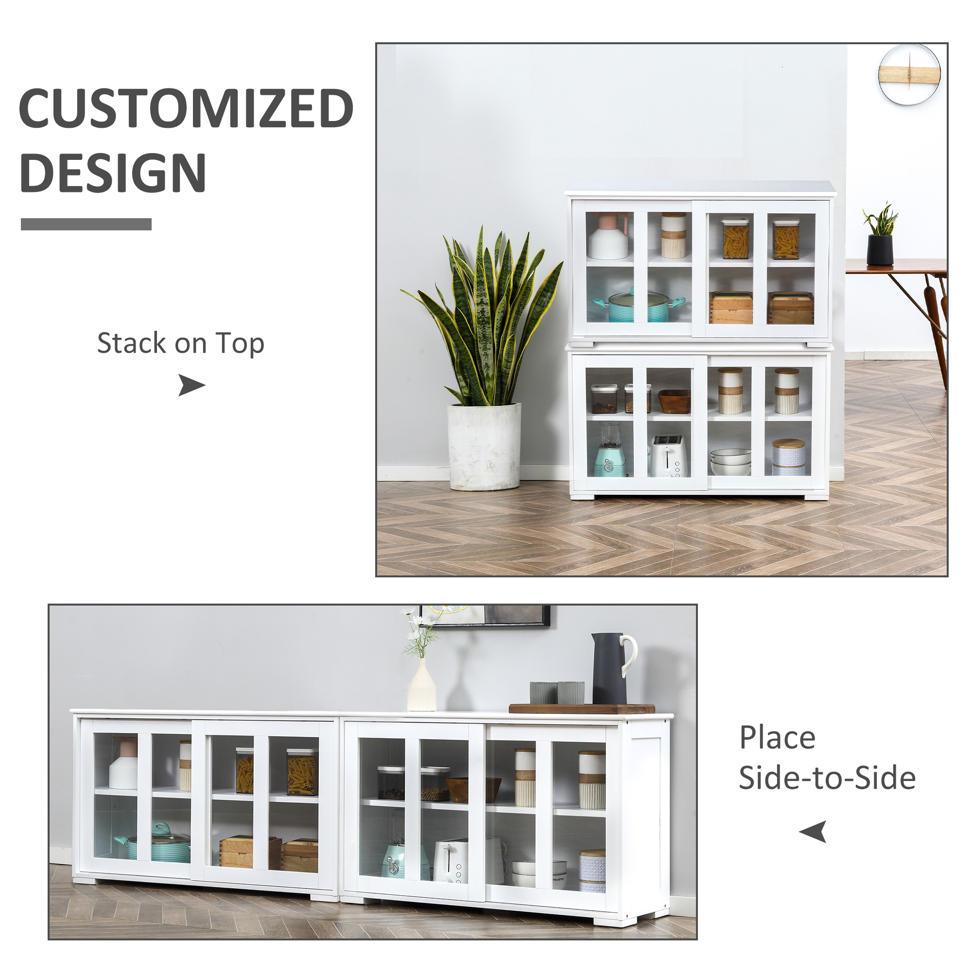 Modern Kitchen Sideboard, Stackable Storage Cabinet, Sliding Glass Door Console, Cupboard Serving Buffet for Kitchen & Dining Room, White - Image 4