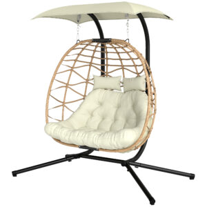 Double Wicker Egg Swing Chair with Canopy, Foldable Hanging Egg Chair with Stand Cushion Headrest, Beige