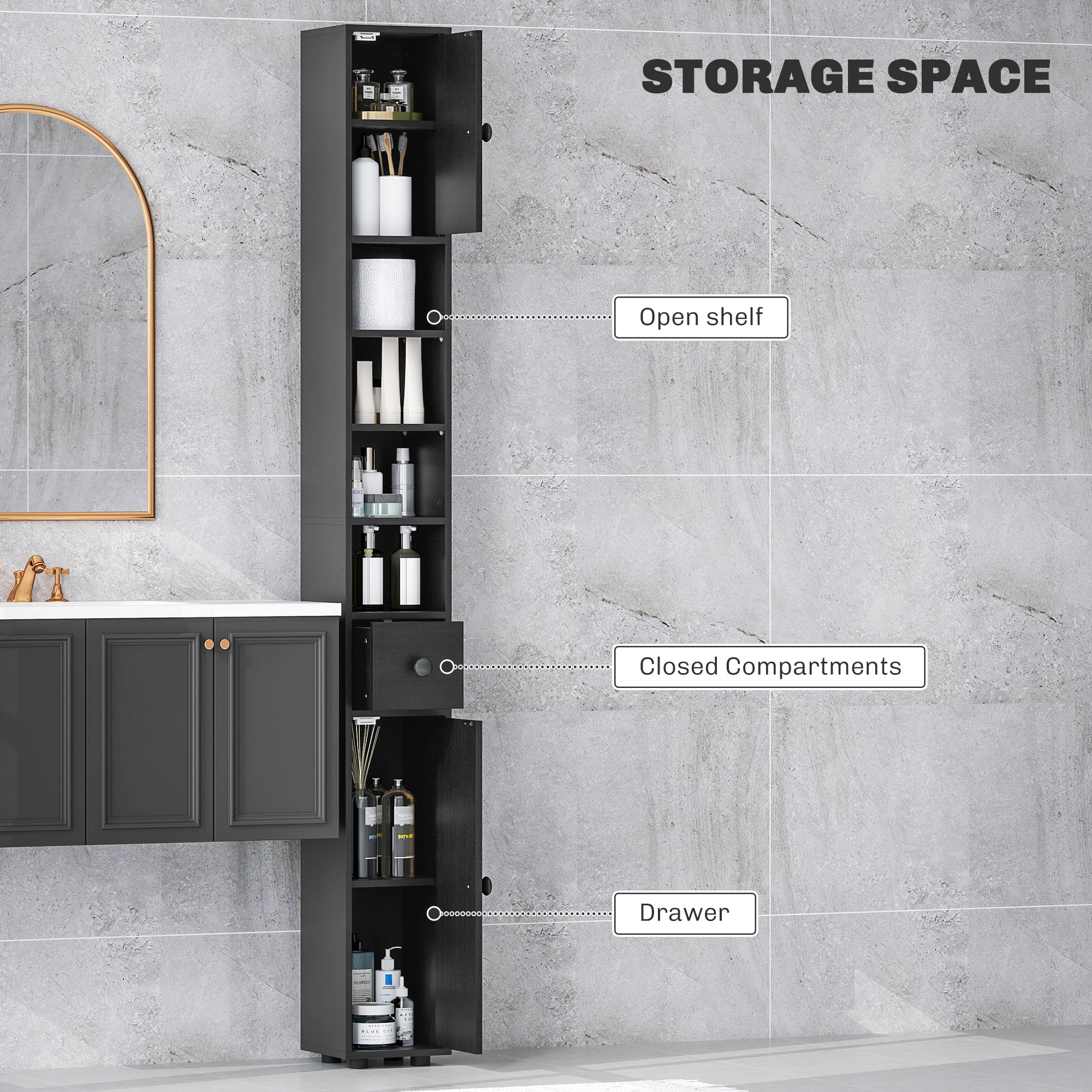 71" Tall Bathroom Cabinet, Narrow Toilet Paper Cabinet with Open Shelves, 2 Door Cabinets, Adjustable Shelves, Black - Image 2