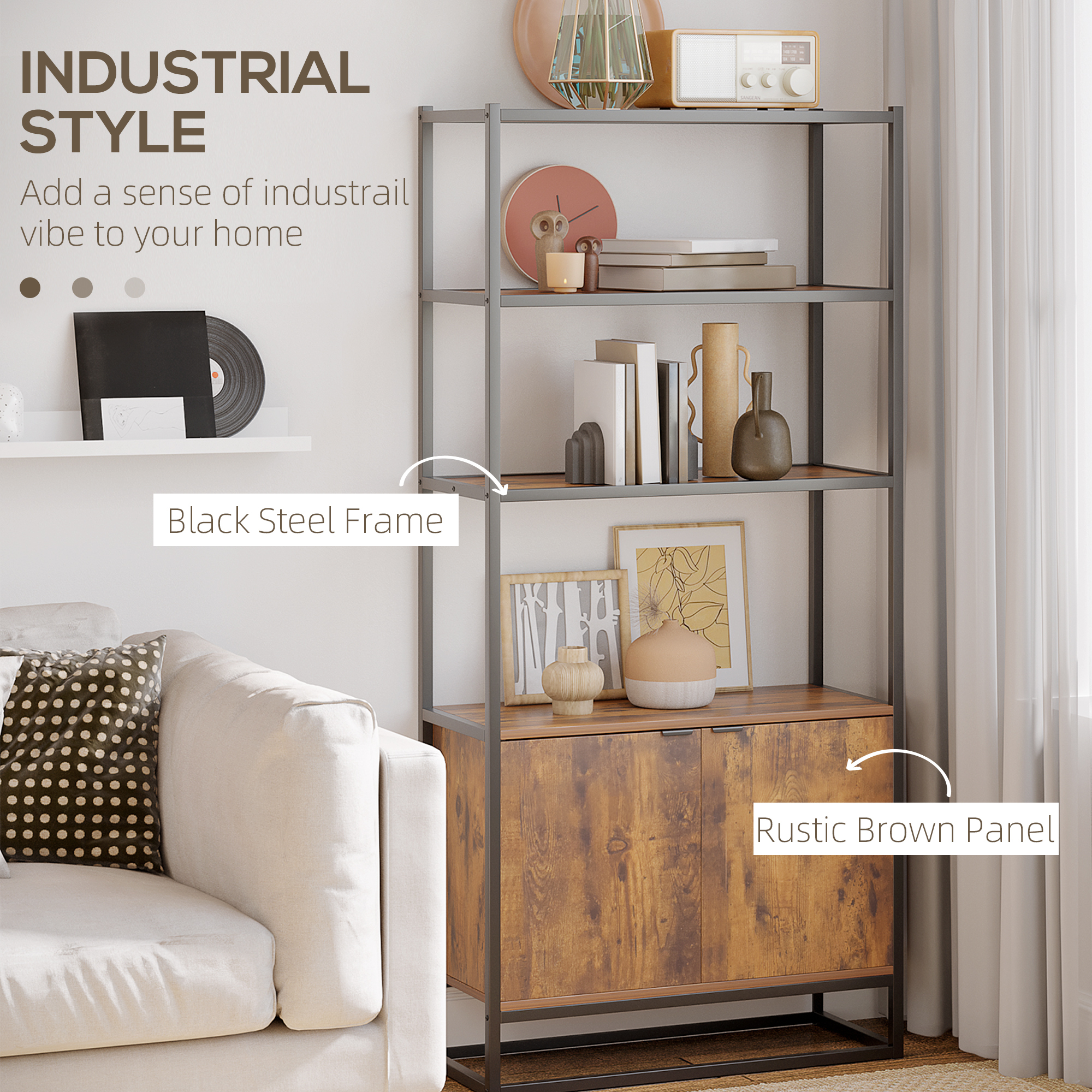 Storage Cabinet with 3 Open Shelves Cupboard Freestanding Tall Organizer Multifunctional Rack for Livingroom Bedroom Kitchen Rustic Brown - Image 2