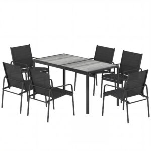 Outdoor Dining Set for 6, Faux Wood Patio Table and Chairs with Breathable Mesh Seat, Galvanized Steel Frame, Black