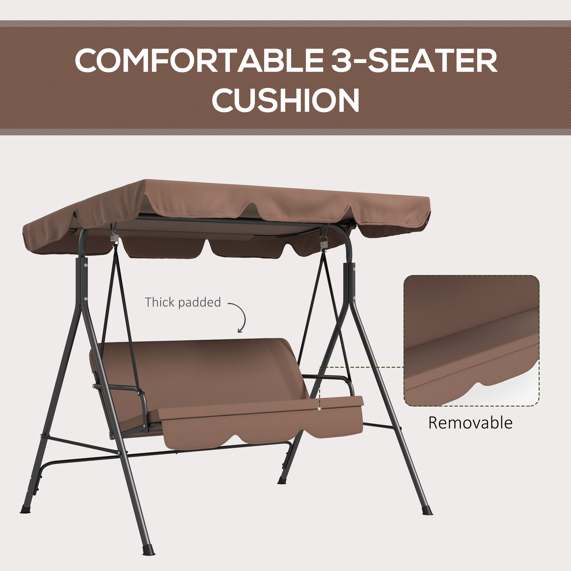 3-Seater Outdoor Porch Swing with Adjustable Canopy, Patio Swing Chair for Garden, Poolside, Backyard, Brown - Image 6