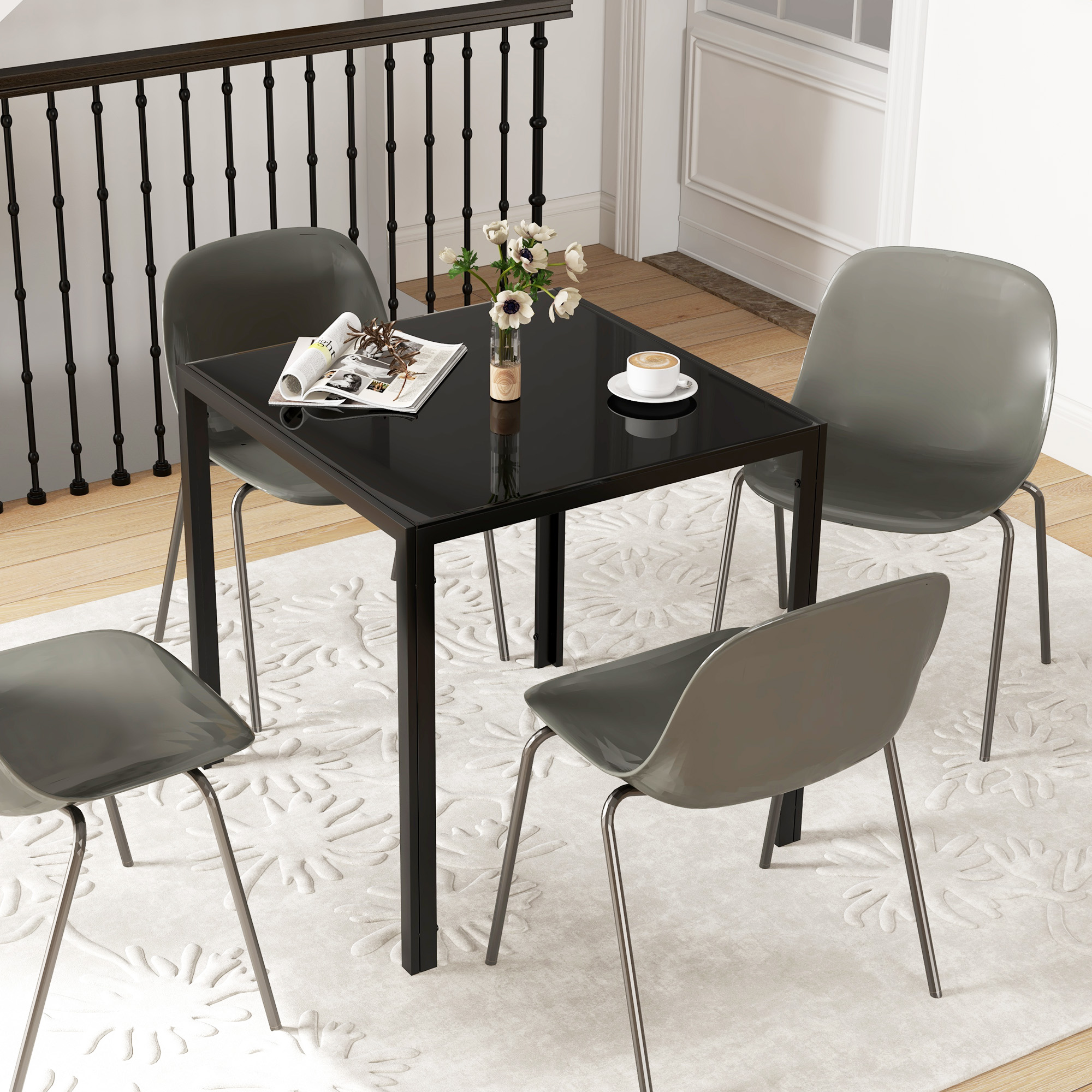 Square Kitchen Table for 2-4 People, Dining Table with Glass Top and Steel Legs for Dining Room, Black - Image 5