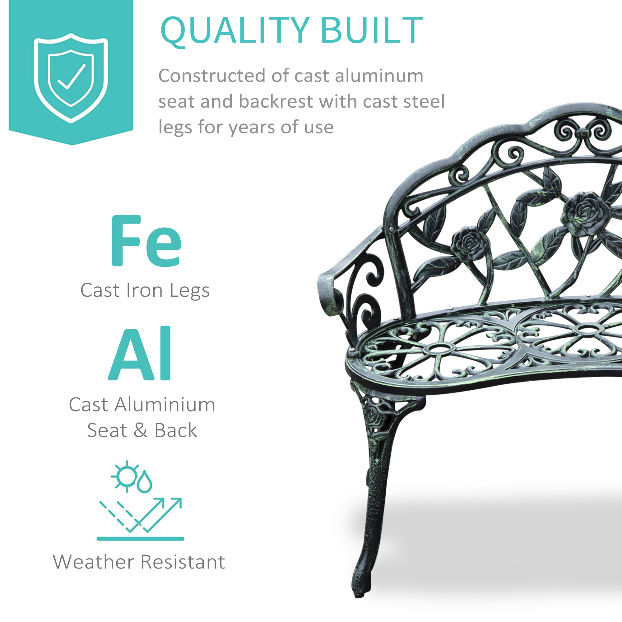 40" Outdoor Garden Bench, Cast Aluminum Antique Rose Style Patio Garden Park Loveseat Bench for Backyard, Porch, Balcony, Lawn, Green - Image 2