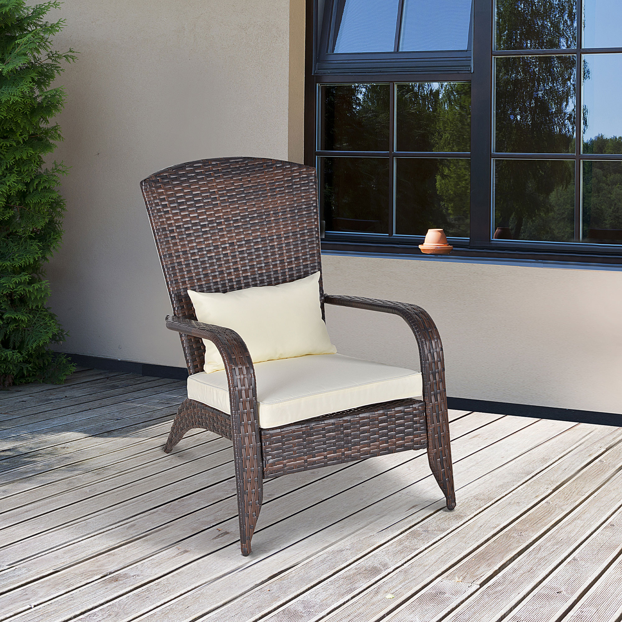 Patio Wicker Adirondack Chair, Outdoor PE Rattan Fire Pit Chair, Muskoka Chair w/ Soft Cushions, Tall Curved Backrest and Comfortable Armrests for Deck Garden, Cream White - Image 6