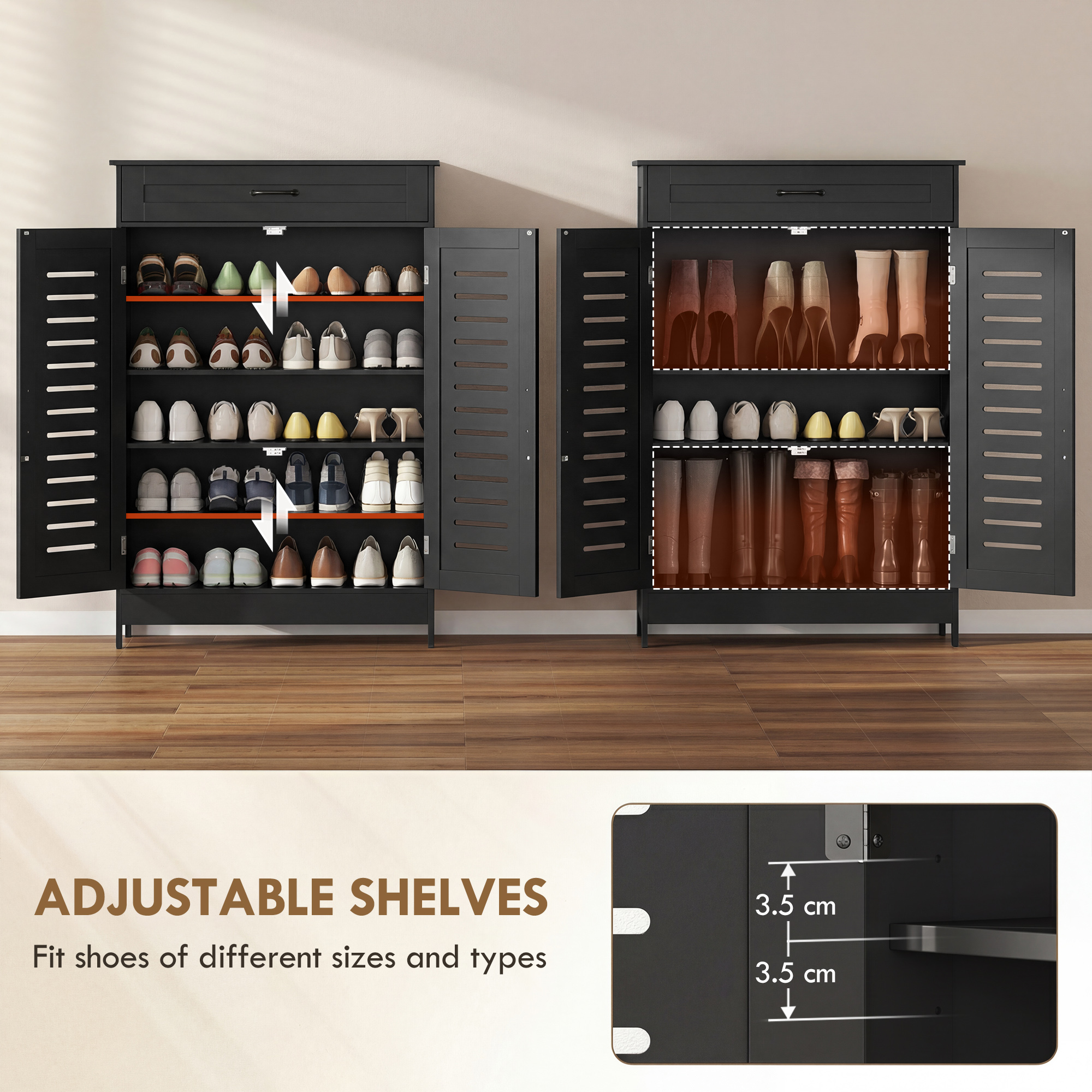 Shoe Cabinet with Louvered Doors, Modern Shoe Storage Cabinet with Drawer and Adjustable Shelves, Black - Image 3