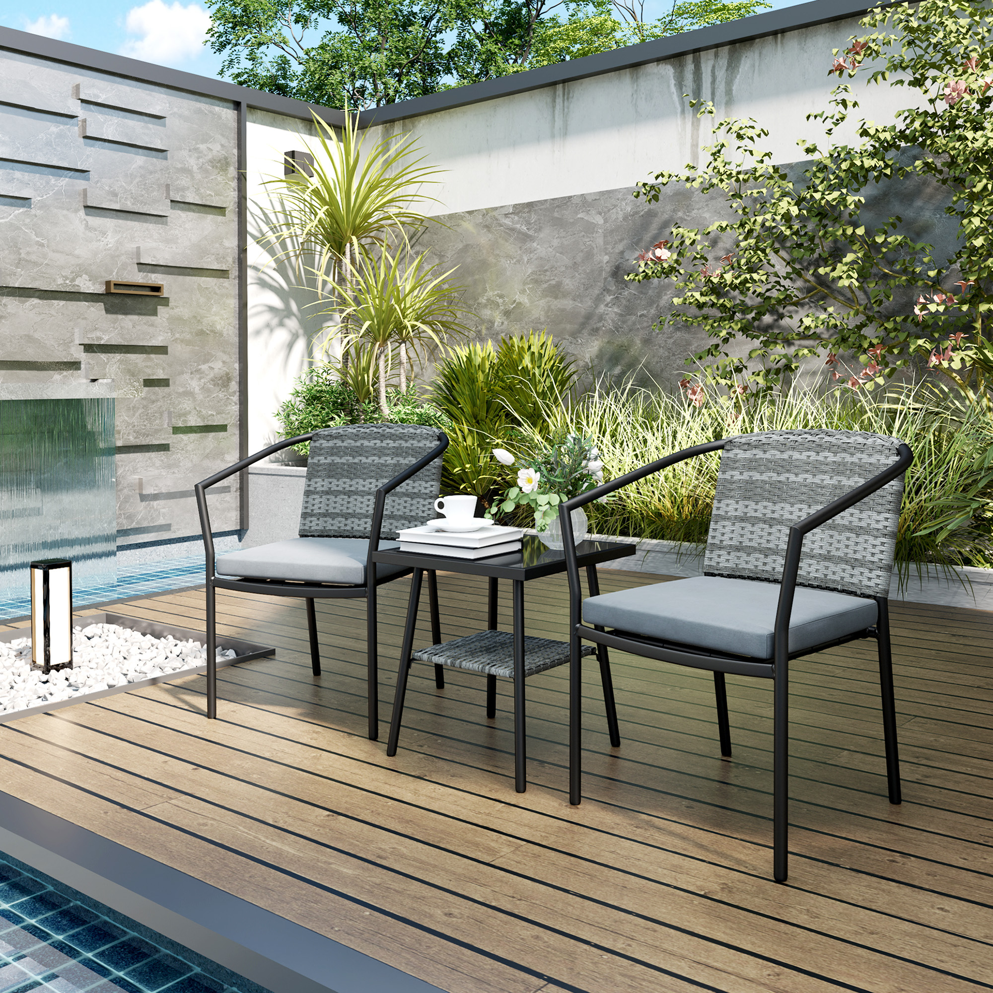 Outdoor Bistro Set, 3 Piece Wicker Patio Furniture Set with Armchairs, 2-Tier Glass Table, Cushions, Dark Grey - Image 6