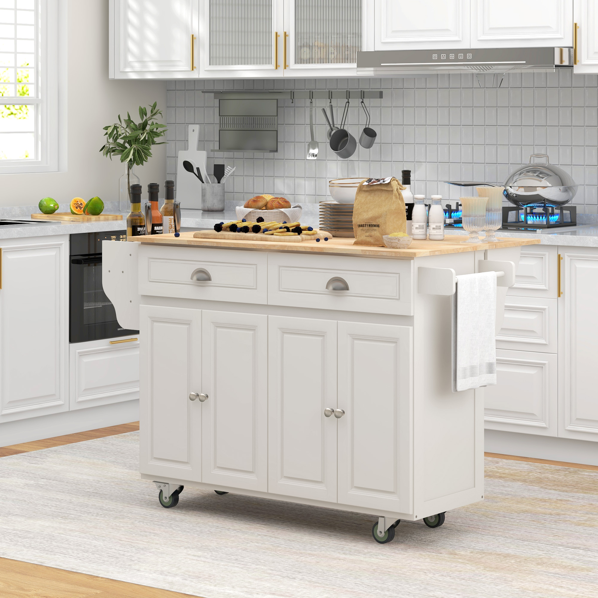 Kitchen Island with Storage, Rolling Kitchen Island with Drop Leaf, Rubber Wood Top and Adjustable Shelves, Cream White - Image 6