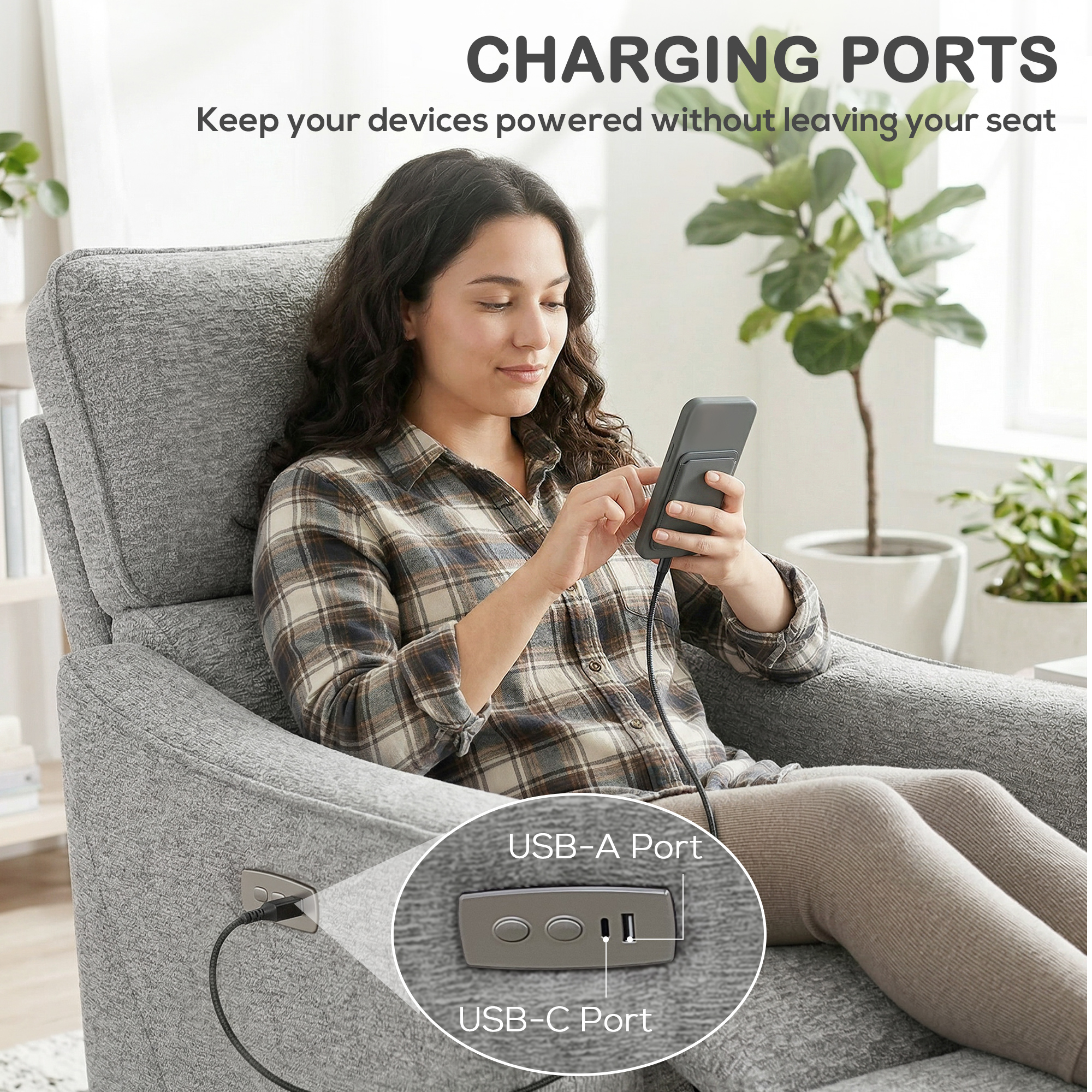 Power Recliner Chair, Chenille Upholstered Recliner Chair with USB Ports, Footrest, Grey - Image 5