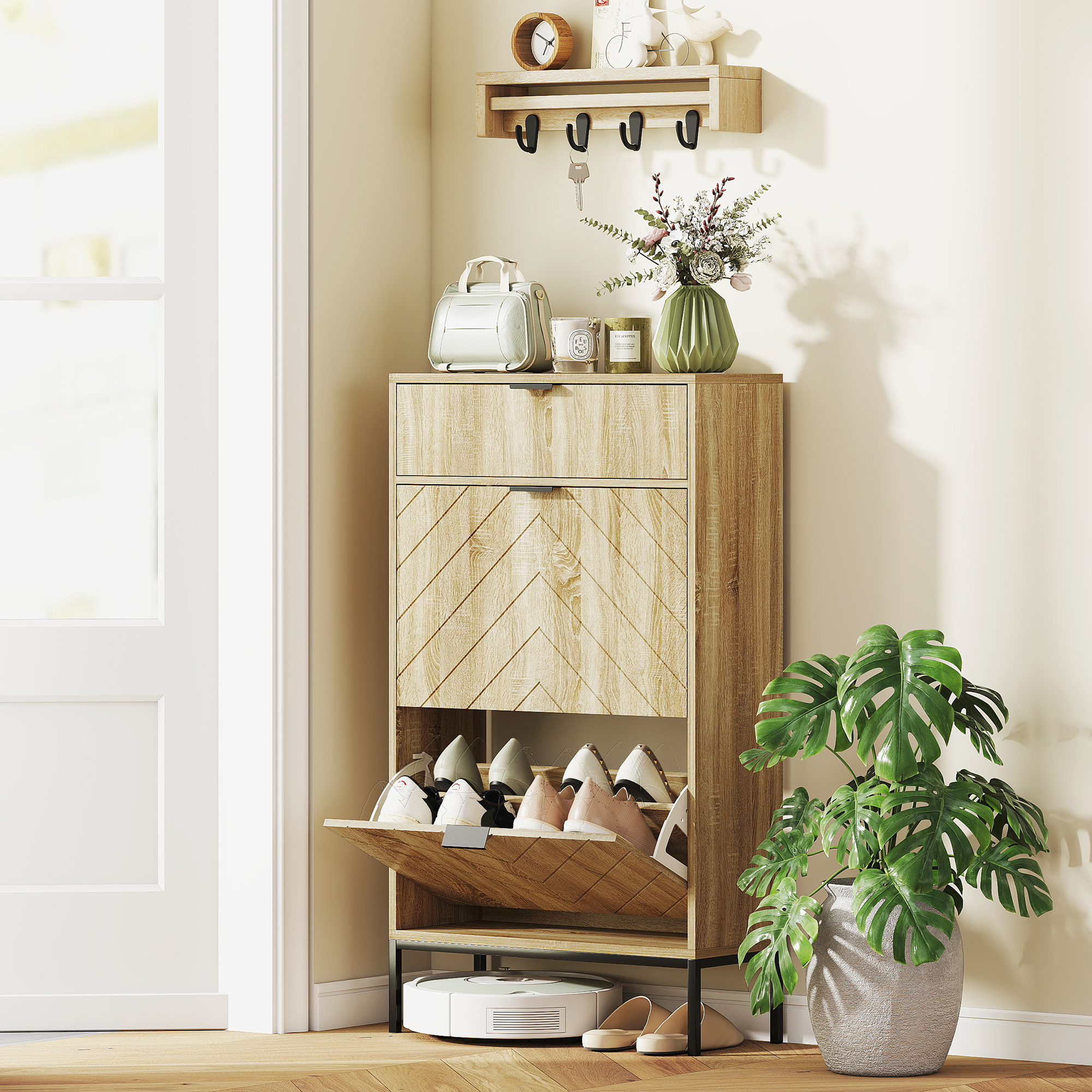 Narrow Shoe Storage Cabinet with Flip Drawers, Shoe Cabinet with Adjustable Shelves, Sliding Drawer, Holds 8 Pairs, Oak - Image 6