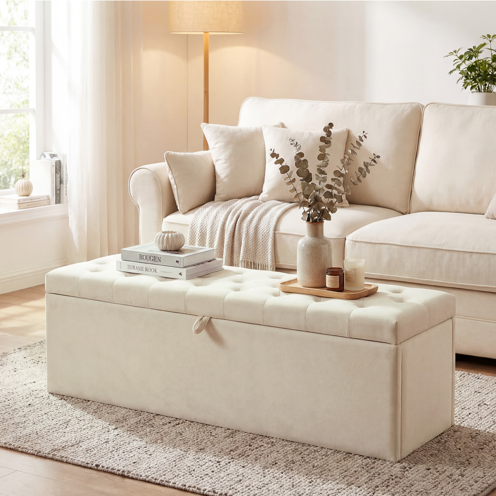 Storage Ottoman, Upholstered Velvet End of Bed Bench, Button Tufted Storage Bench for Bedroom, Living Room, Beige - Image 6