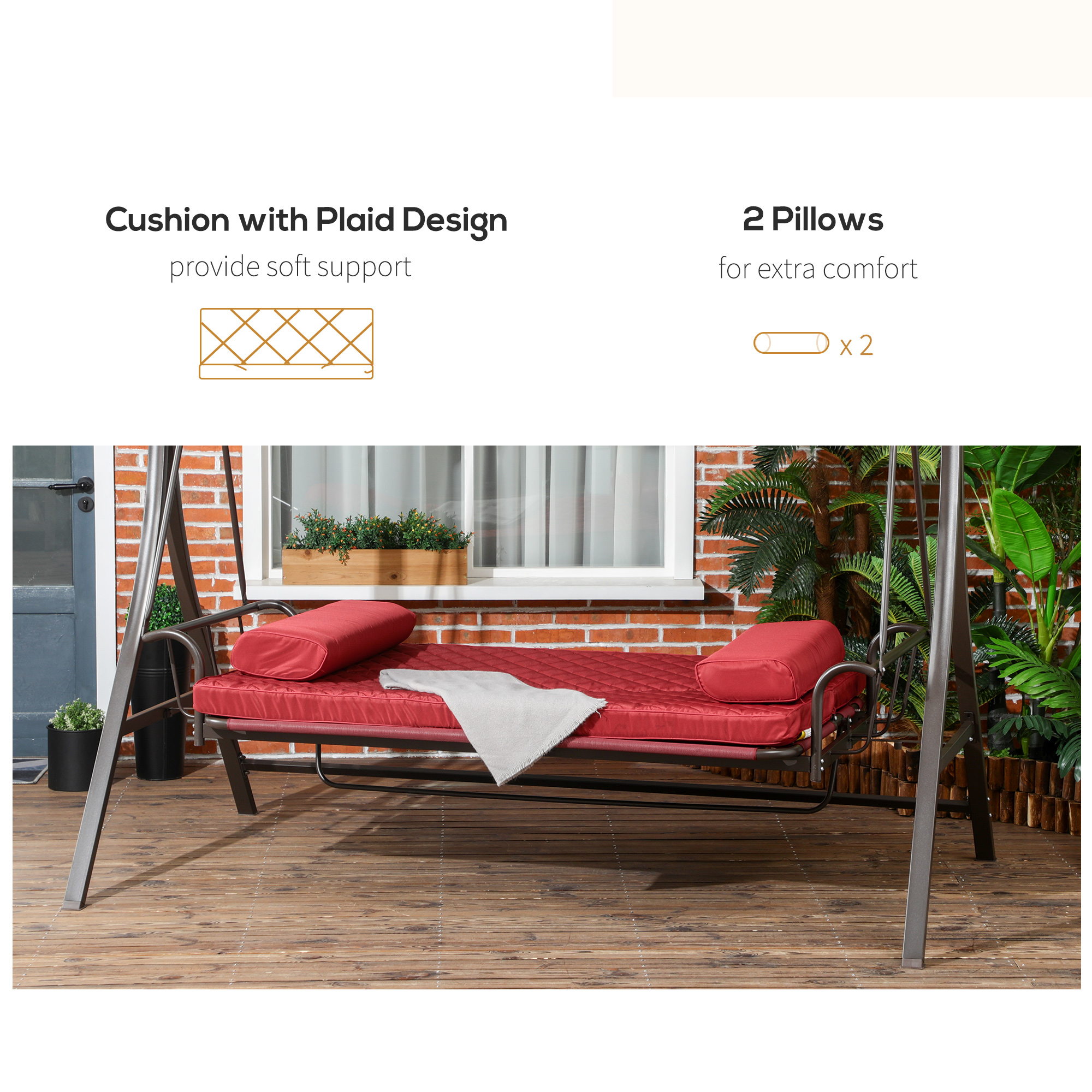 3 Person Porch Swing Bed, 2-in-1 Convertible Outdoor Patio Swing Chair Bench Hammock with Adjustable Canopy, Cushions, Pillows for Porch and Backyard, Red - Image 5
