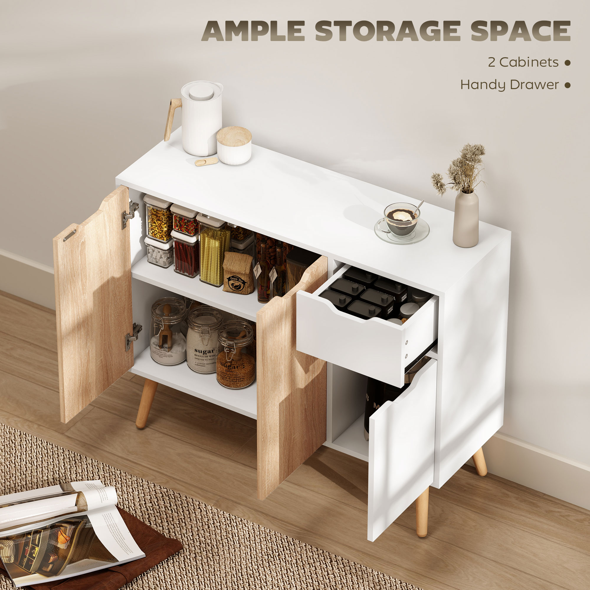 35" Sideboard Storage Cabinet with Drawer, White and Nature Wood - Image 2