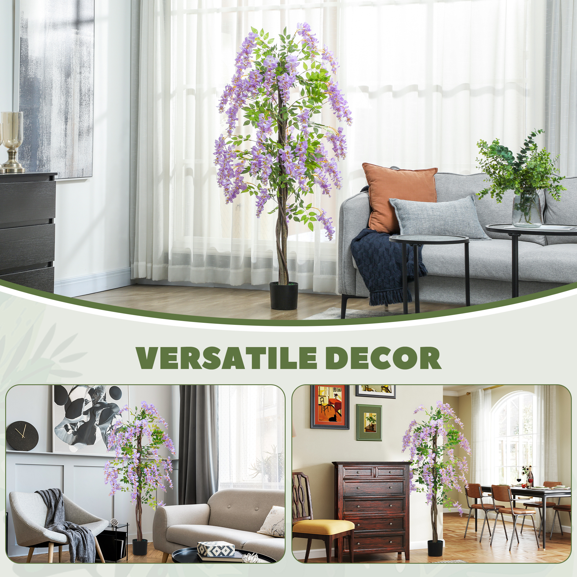 5.9FT Fake Wisteria Tree with Natural Wood Trunk, Artificial Plant in Nursery Pot, Greenery Tall Faux Floor Plant Purple - Image 4