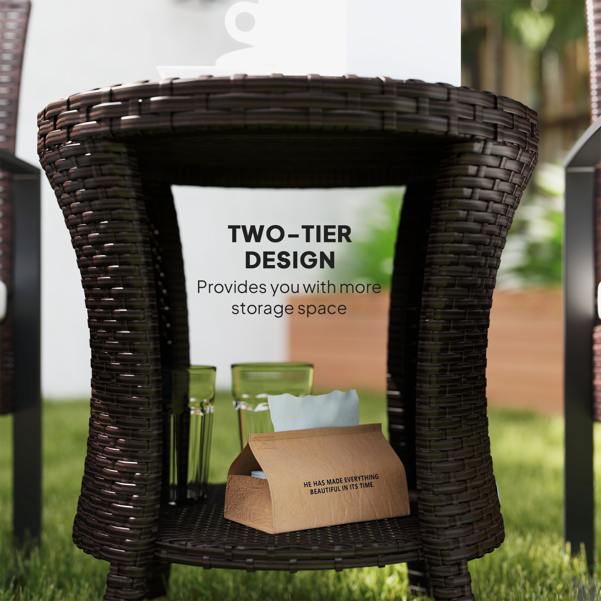 18" Wicker Outdoor Coffee Table, PE Rattan Patio Side Table with 2-Tier Storage, Composite Wood Top, Brown - Image 4