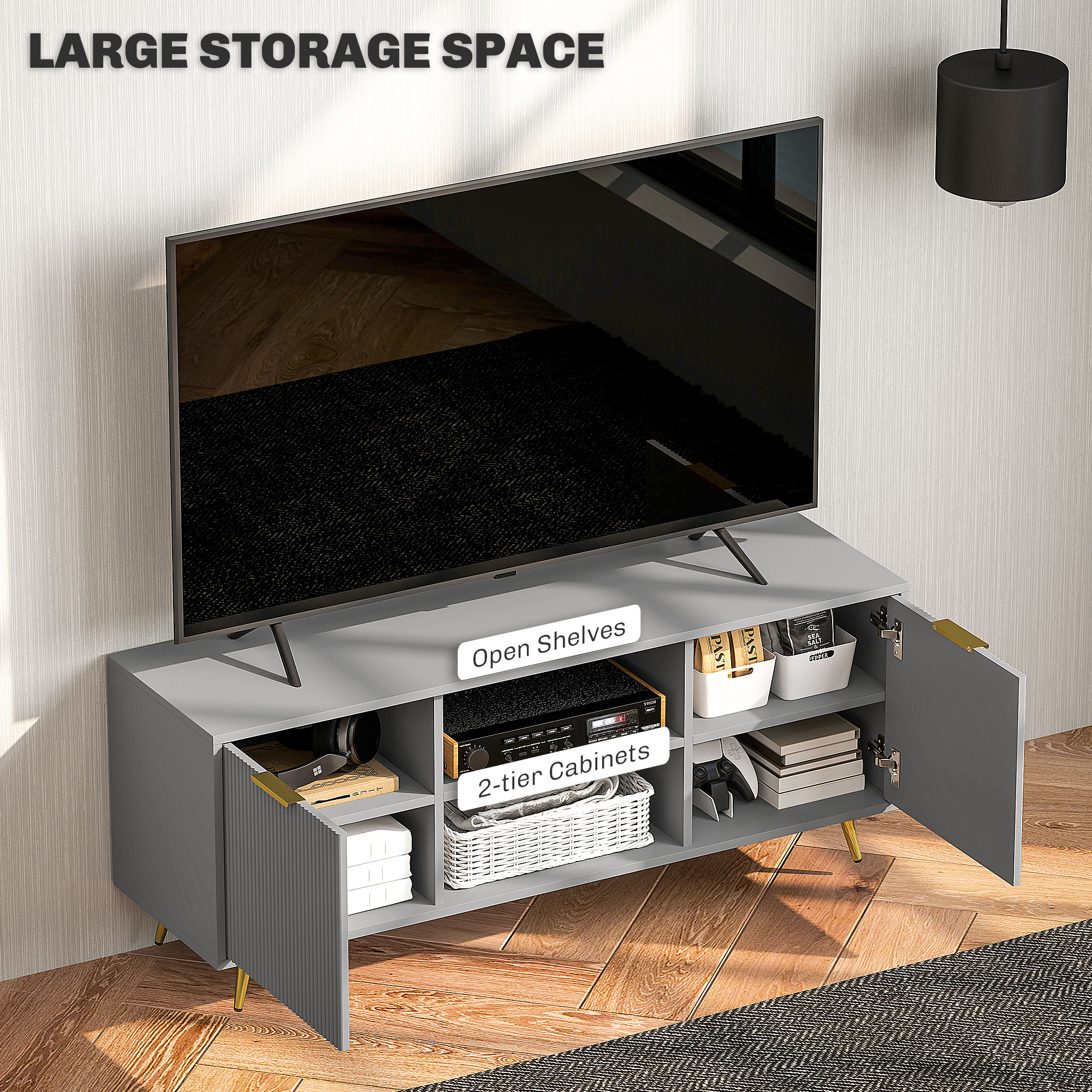 TV Stand with Storage for 55 Inch TV, Modern TV Cabinet with 2 Open Shelves and 2 Cabinets for Living Room, Grey - Image 3