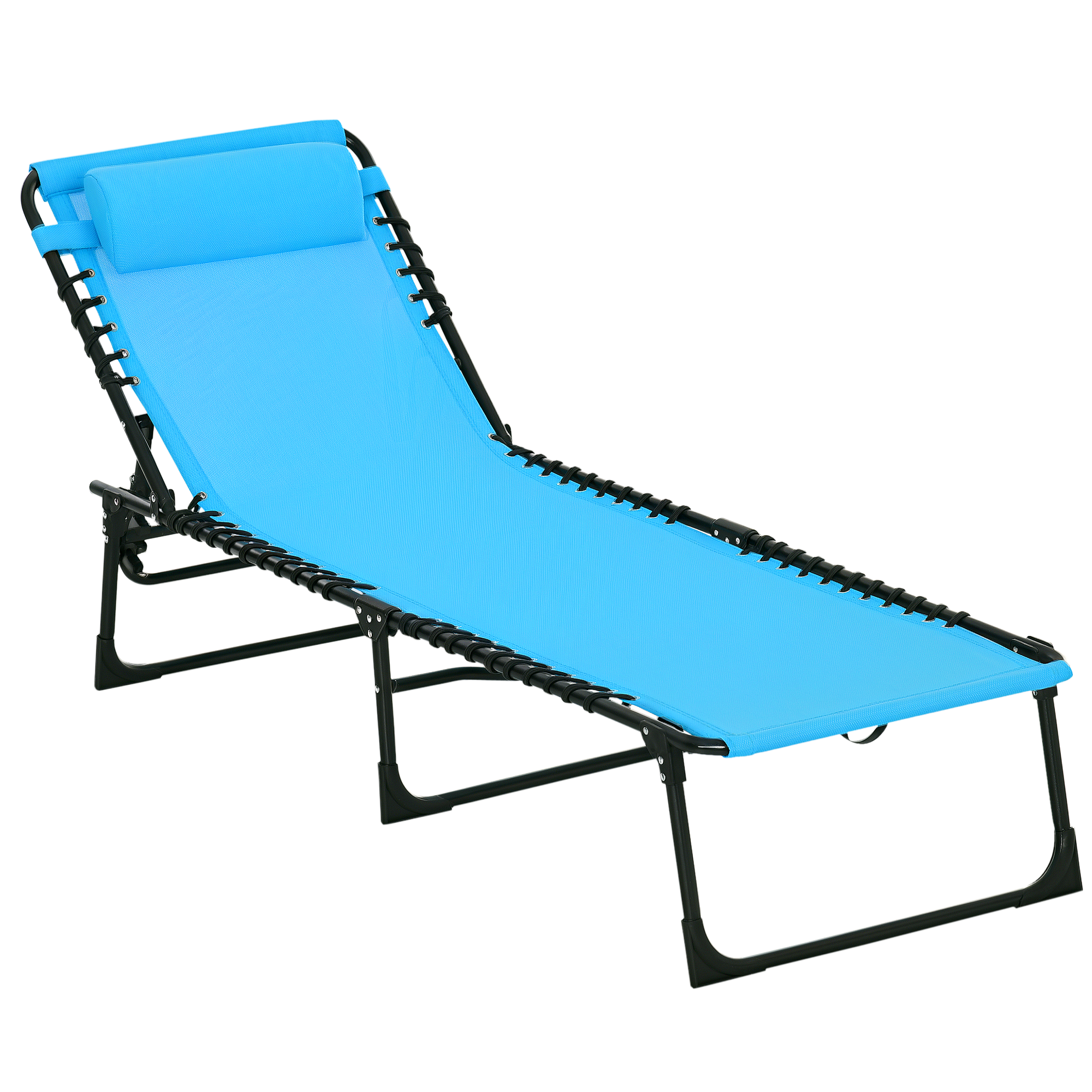 Outdoor Folding Lounge Chair, 4-Level Adjustable Chaise Lounge with Headrest, Tanning Chair Beach Bed, Reclining Lounger Cot for Camping, Hiking, Backyard, Sky Blue
