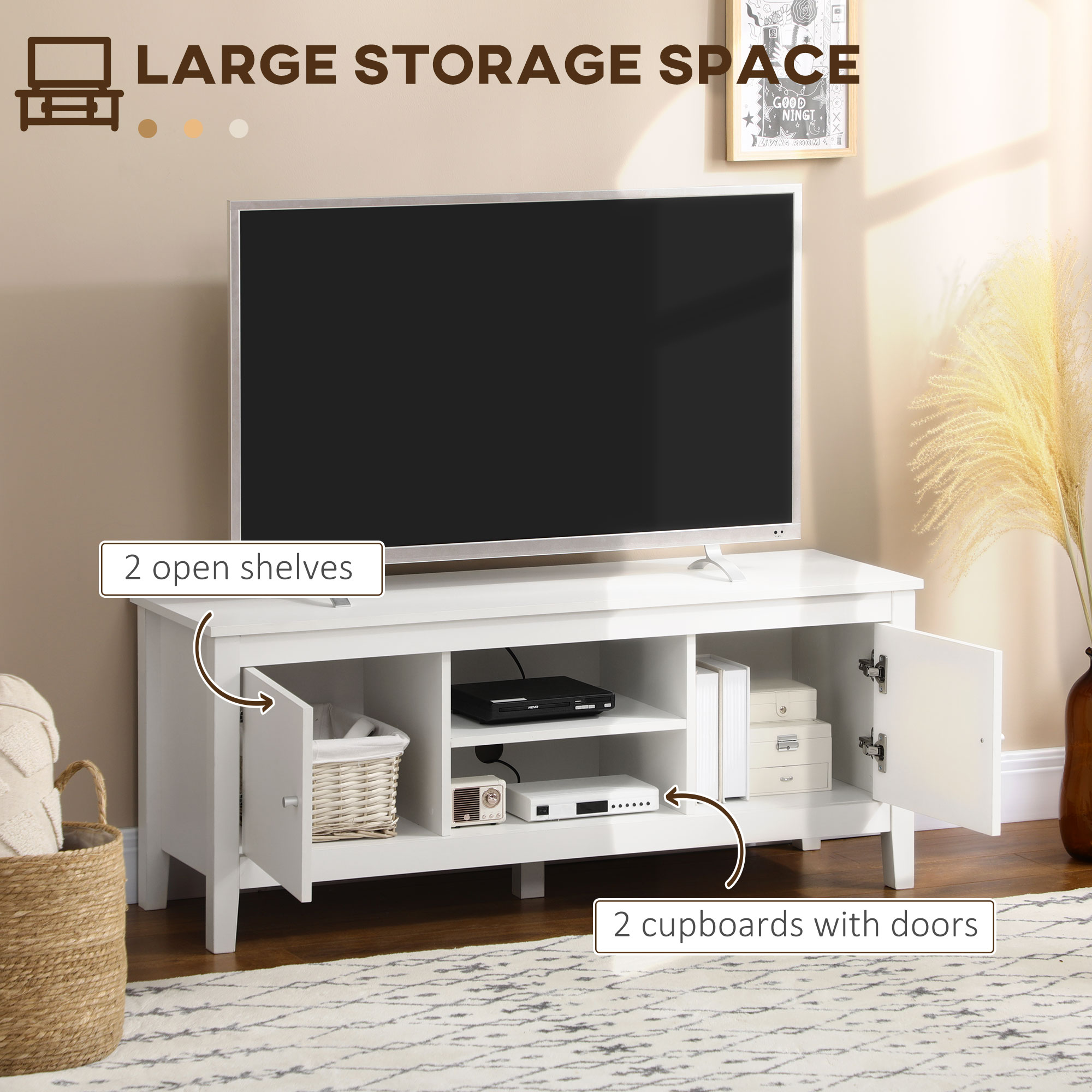 Modern TV Stand for TVs up to 55", TV Bench with Storage Cupboards and Shelves, 47.2" x 16.7" x 19.7", White - Image 2